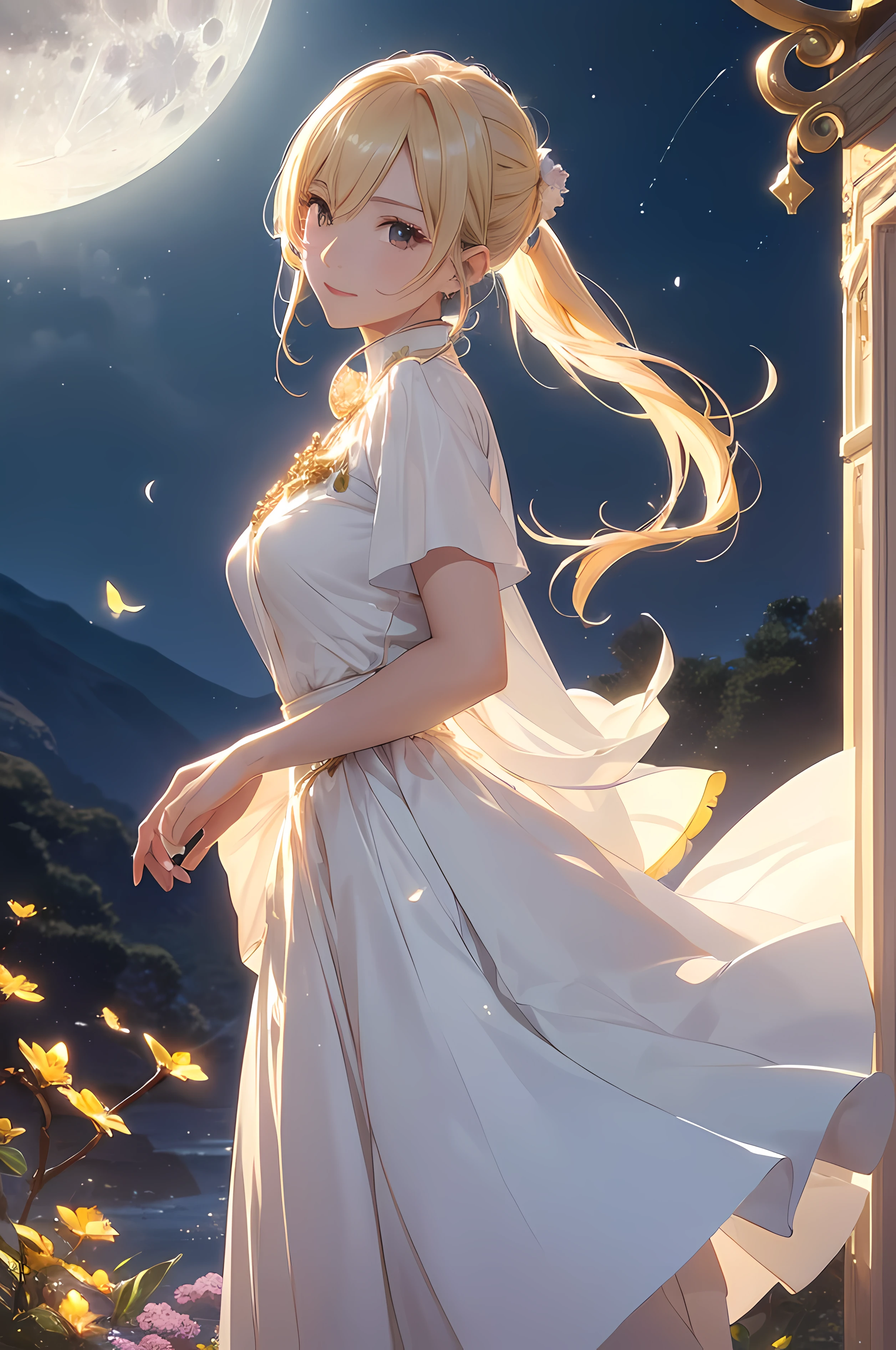 A beautiful woman, ((( golden knight, golden armor, white blouse, long white skirt, elegance under the moon))), ((perfect body figure, beautiful face, beautiful face, milf, age 46, royal, blond color hair, ponytail hair style, beautiful skin, Extremely details hair, fine details)), (((cinematic lighting, beautiful lighting effect, creative design, full body frame, divine aura, hard harmony , shining moonlight, perfect color transition, perfect balance of contrast, perfect color layer, perfectly smooth color blur, soft rendering, smooth color stroke, moon glare, optic lens, moonlight ray, soft colors, smooth colors blend, perfect color rendering, harmony, perfect color harmony, beautiful color, soft harmony, light particles, perfect details, intricate details, color prism, fine details, refine details))), Tachibana Omina art style, affectionate eyes, half a smile, slightly open mouth, a gentle expression on his face, serene scenery, top of mountain, a lot of flowers bloom under the moon, petals, petals floating around, breeze and moonlight in the background, butterflies in the sky, realism, ((Best quality))),8k,((Masterpiece)),(Extremely refined and beautiful)