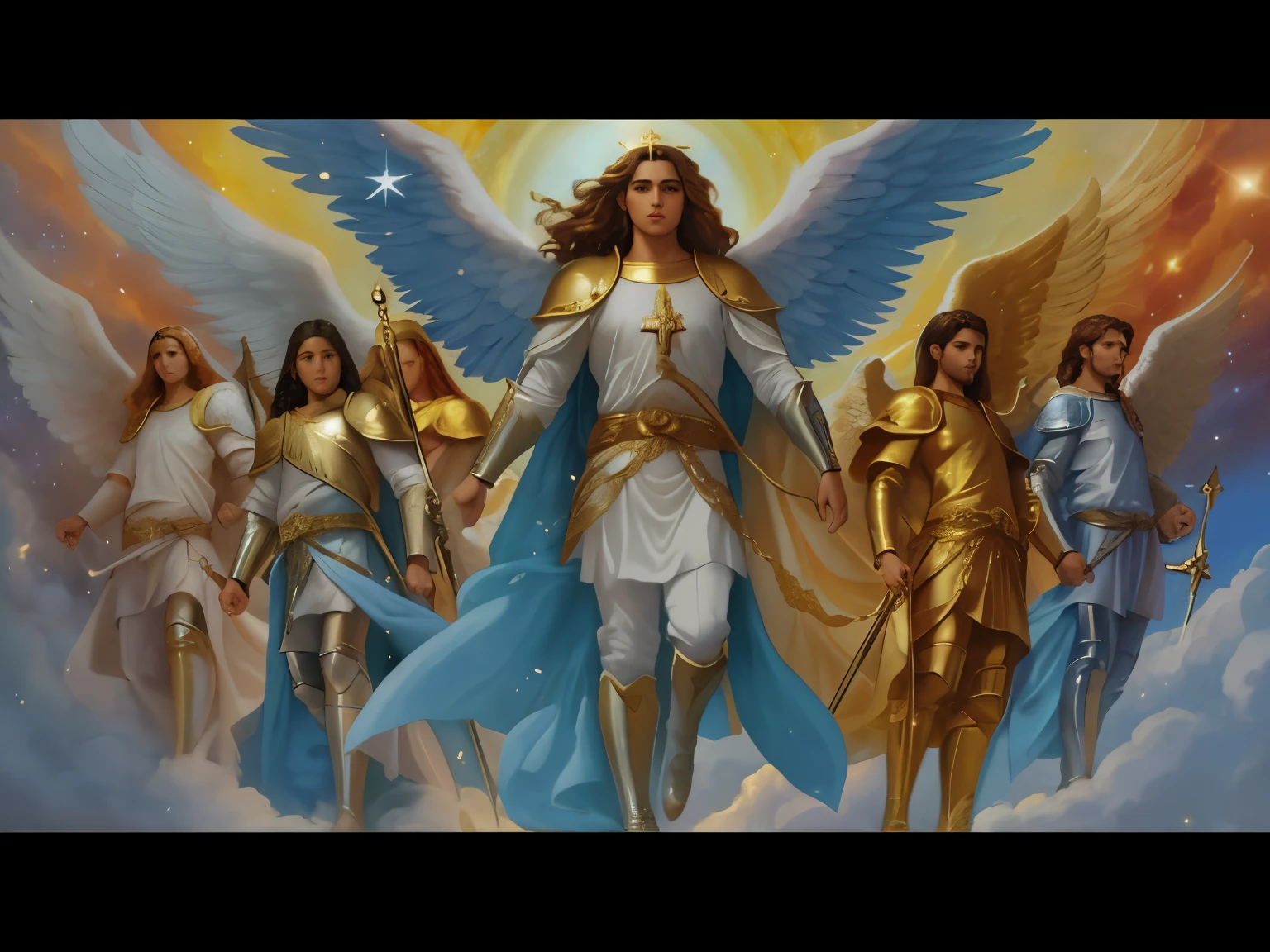 uma pintura de um grupo de anjos com asas voando acima deles, gold gates of heaven!!!!!!!!, Arcanjo Miguel, cheio de pinturas de anjos, some cosmic angels, angels protecting a praying man, Anjos, anjos biblicamente precisos, angels in the sky, saint michael the angel, arcanjo, biblical accurate angel, para compreender o inferno ou ir angelical, angels vs demons