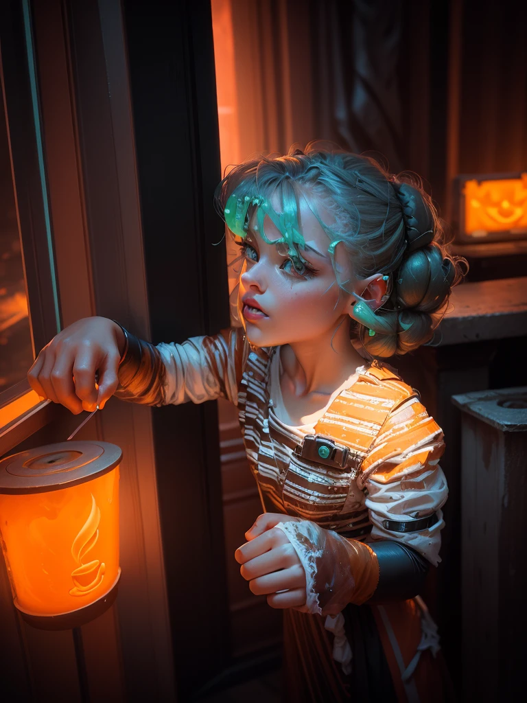 Slime girl, (slime), Slime hair Double buns hair style, Pumpkin Orange, White Princess dress with weapon belt, Masterpiece, Best Quality, realistic photo with cyberpunk theme backgrounds