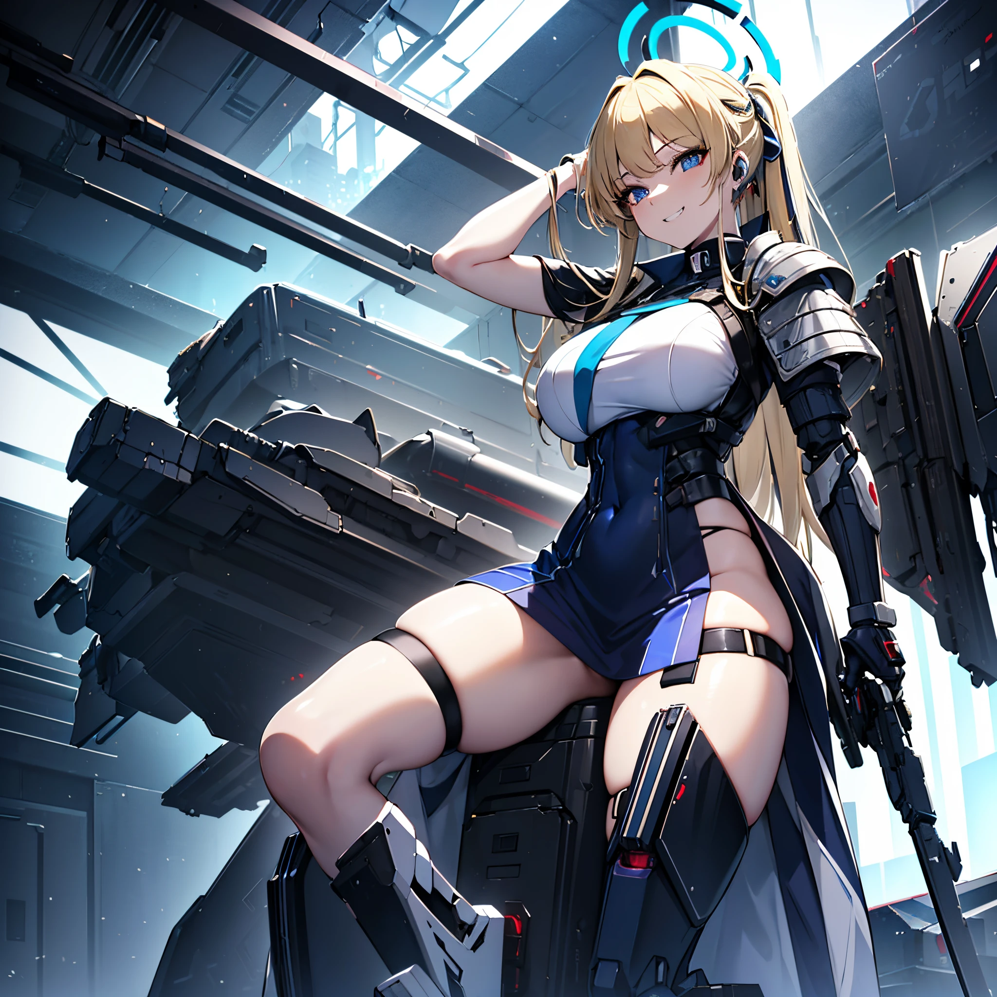 1 girl, solo, Asuma_Toki, Blue_Archive, mature woman, gorgeous girl, blonde hair with colourful tips, long hair, hair between eyes, side bangs, grin, evil grin, medium breasts, cool hairpin accessory, futuristic halo above head, red and black mecha body armour, cool pose, holding knife