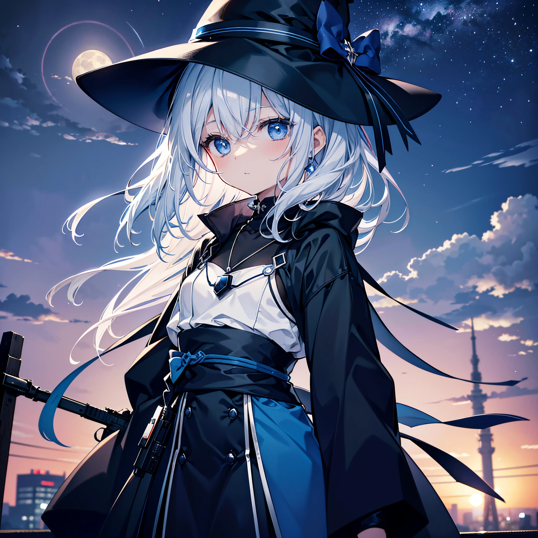 This is the rooftop of a skyscraper in Tokyo.、It&#39;s late at night now.、Behind me is a night view, a small moon, and a starry sky.、You can see the beautiful sea with the moonlight reflecting in the distance.、Photograph her from an angle of 45 degrees above、1 small breasted adult woman、She wears a large black witch hat with sapphire accessories、Loose, white medium short hair lob hair with pale blue mesh、blue eyes、Black long coat、White T-shirt、a black skirt、Cool face、Sapphire Necklace、cool lady、She has an assault rifle、high-level image quality、High Quality、hight resolution、2 million pixels、Two-dimensional illustration、Japan Anime、,drawn by Japanese ilastrator、full-shot、hiquality、high détails、high-level image quality、4K picture quality、beatiful backgrounds