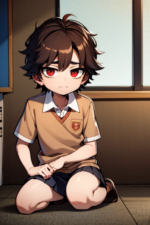 A brown haired male ager with red eyes is wearing a school uniform