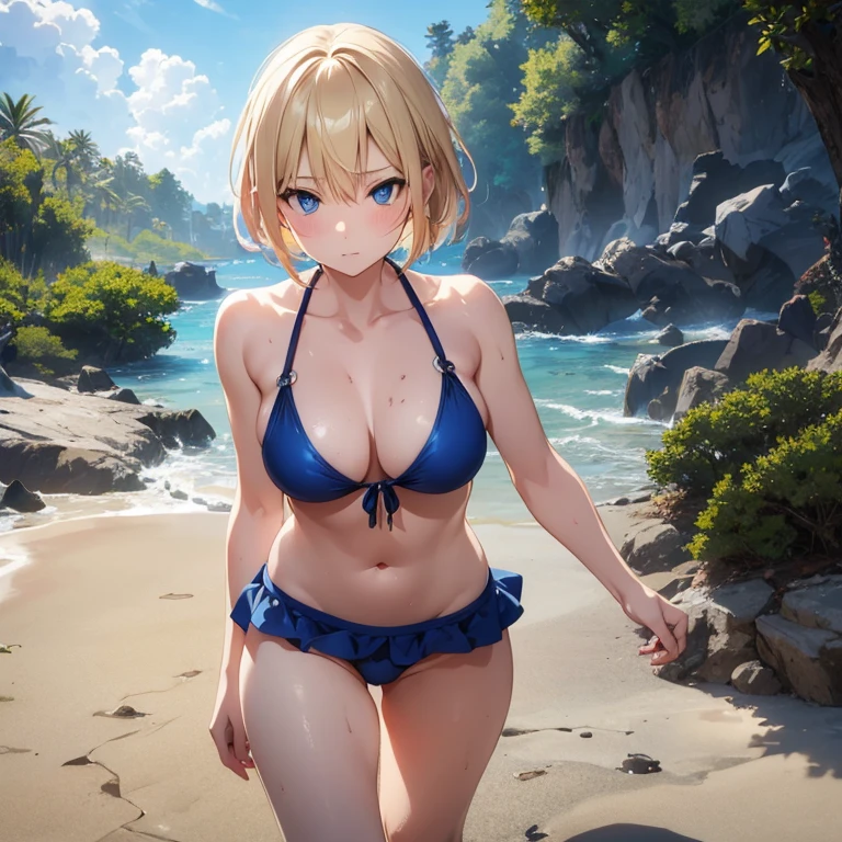 2D Anime Style、Blue eyes、Adults、Breasts slightly larger、a cool、short blonde hair is dirty、Beautuful Women、swim wears、full body Esbian、Beach、Walking、There is only one person in the illustration