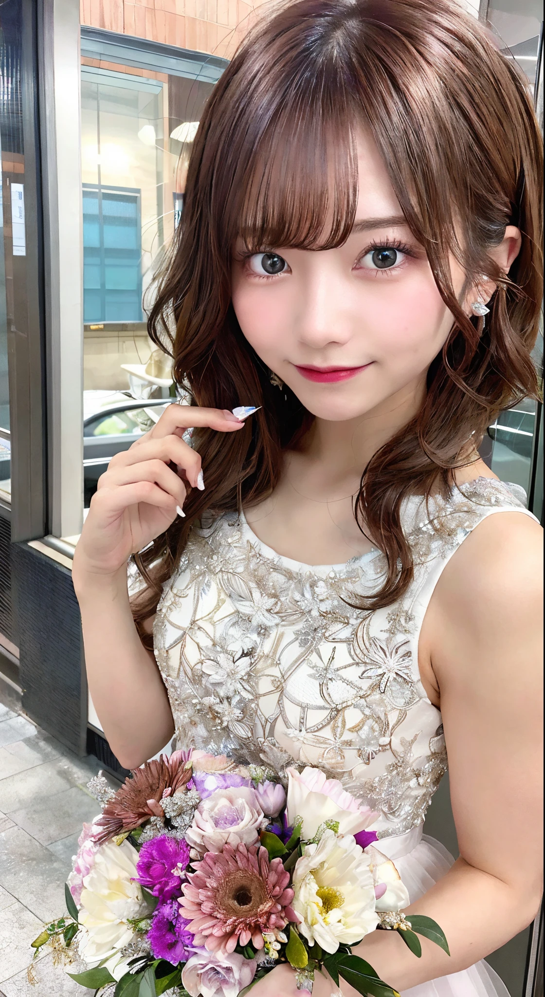 nakano miku, Brown hair, hair between eye、wedding dress:1.4、look at viewr,A smile、japanes