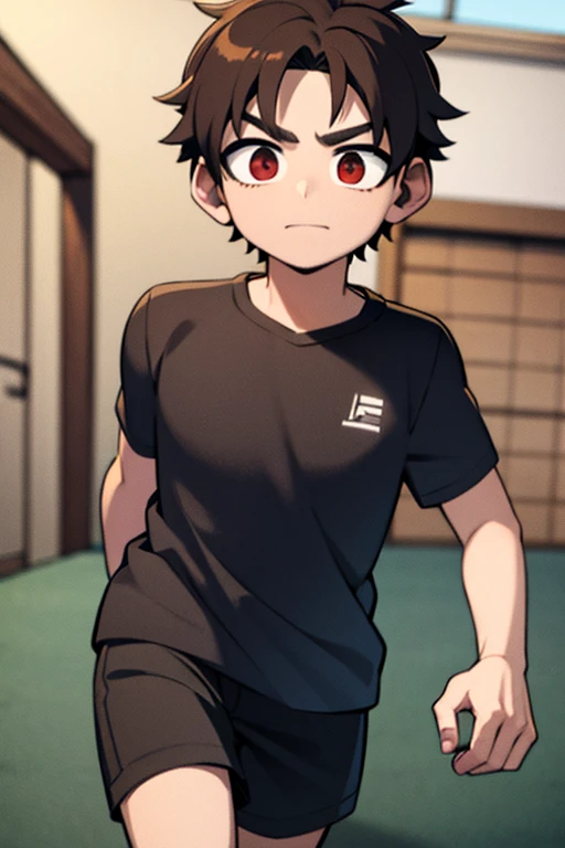 A brown haired man with red eyes is playing sports