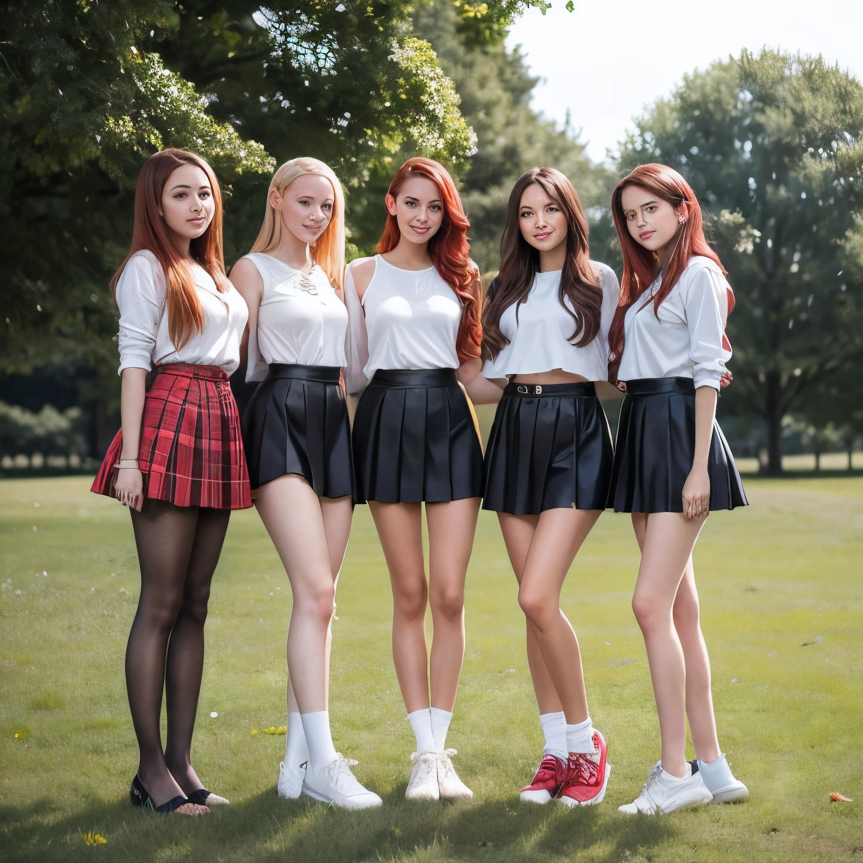 Describe, You are welcome, stable diffuse image with five beautiful slender girls.. One girl must have red hair, Two blondes, and two brunettes. One brunette must wear high waisted skinny jeans...., one blonde should wear high-waisted shorts, and the other three girls must wear short pleated skirts. Girls, wear skirts, should wear high heels., open toe shoes.., and the rest should have sneakers. A red-haired girl in a skirt should also be wearing stockings and garters..... All girls should smile