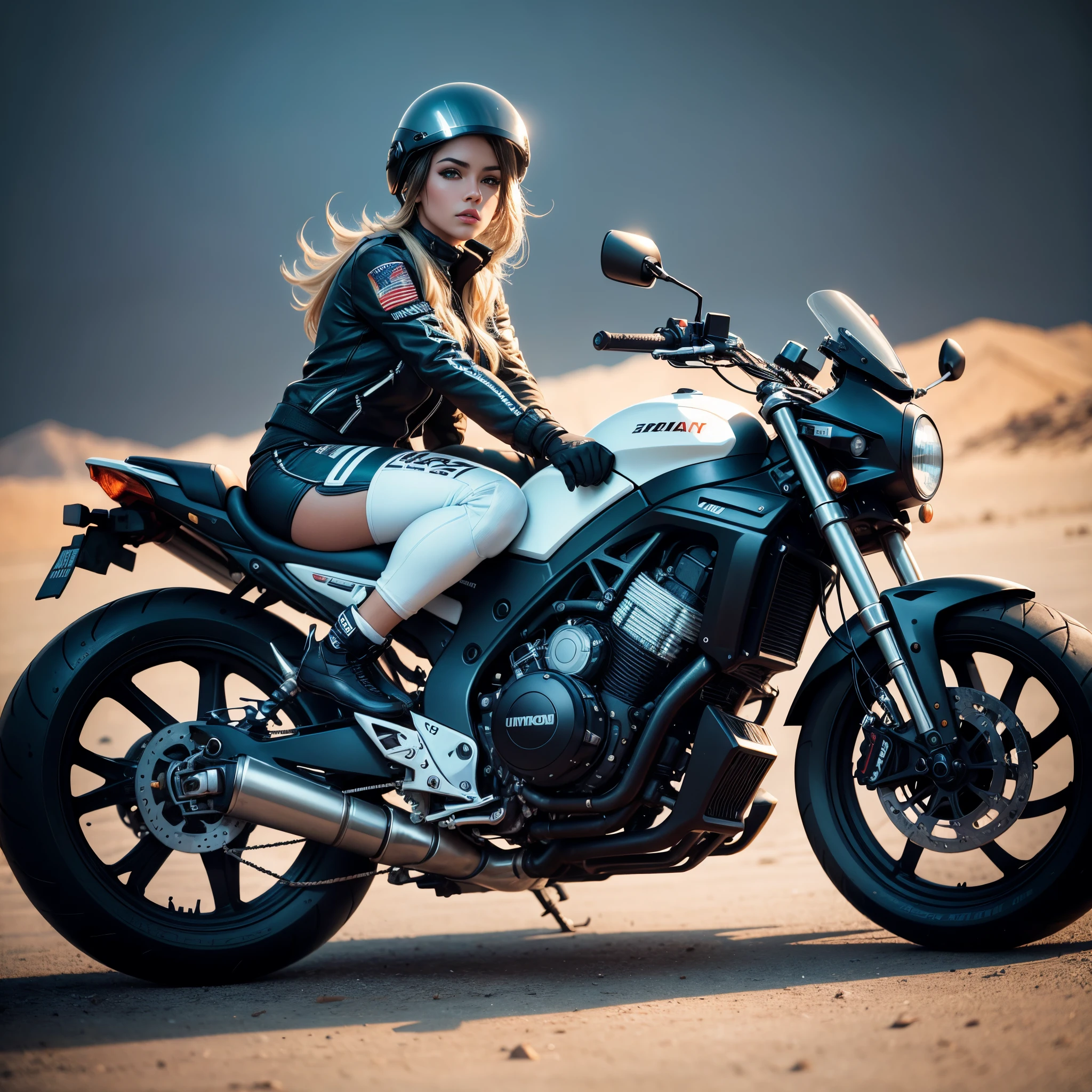 Chica sexy, vestida de uniforme para motos, blanco con negro, casco negro bajo su brazo, en una pista de motos Altamente detallado, hyper-realistic, Hyper-realisticPortrait, POV hiperdetallado, por lee jeffries, nikon d850, Film stock photography, 4 kodak portra 400, camera lens f1.6, colores intensos,textura Spectacular lighting, cinestill 800,128k