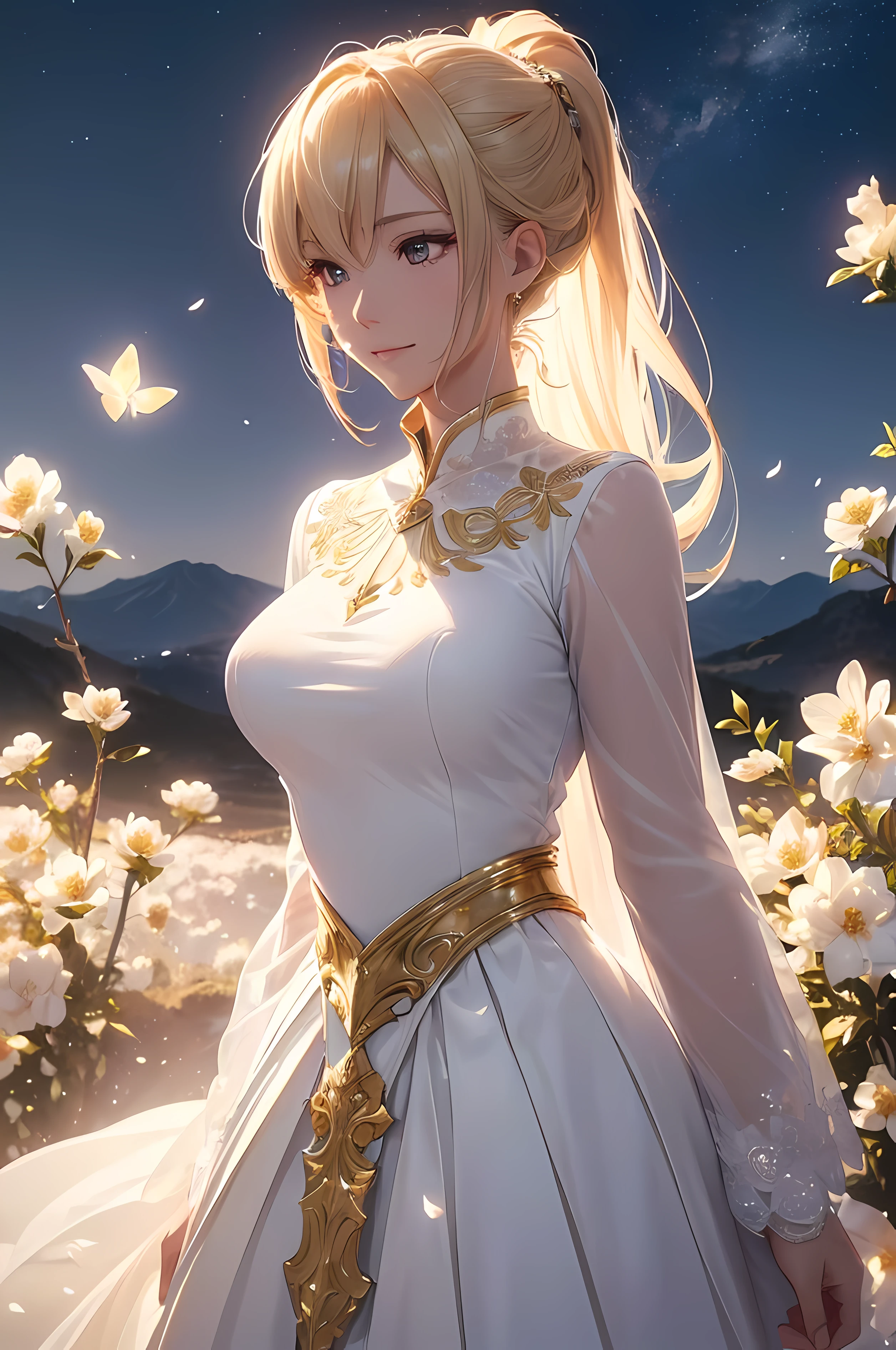 A beautiful woman, ((( golden knight, golden armor, white blouse, long white skirt, elegance under the moon))), ((perfect body figure, beautiful face, beautiful face, milf, age 46, royal, blond color hair, ponytail hair style, beautiful skin, Extremely details hair, fine details)), (((cinematic lighting, beautiful lighting effect, creative design, full body frame, divine aura, hard harmony , shining moonlight, perfect color transition, perfect balance of contrast, perfect color layer, perfectly smooth color blur, soft rendering, smooth color stroke, moon glare, optic lens, moonlight ray, soft colors, smooth colors blend, perfect color rendering, harmony, perfect color harmony, beautiful color, soft harmony, light particles, perfect details, intricate details, color prism, fine details, refine details))), Tachibana Omina art style, affectionate eyes, half a smile, slightly open mouth, a gentle expression on his face, serene scenery, on top of a mountain with full of flowers bloom under the moon, petals, petals floating around, breeze and moonlight in the background, butterflies in the sky, realism, ((Best quality))),8k,((Masterpiece)),(Extremely refined and beautiful)