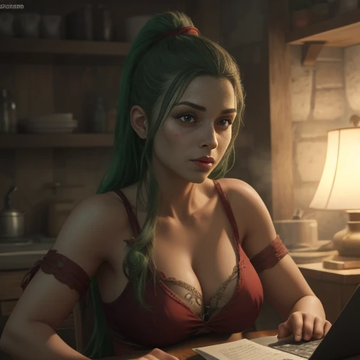 Female orc, pele verde, peito enorme, 1girl, armadura, bonita, segurando o machado