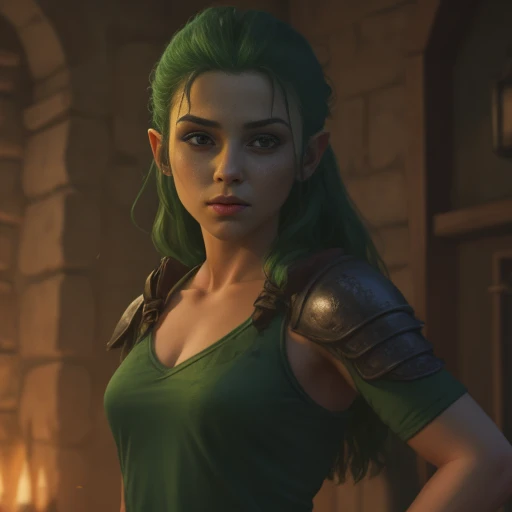 Female orc, pele verde, peito enorme, 1girl, armadura, bonita, segurando o machado
