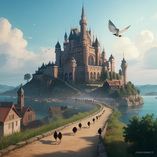 Cor (fantasia: 1.2), (traditional Chinese style), (Irregular red building floating in the cloud), casas de retalhos, flower decorations, Luzes, arte conceitual inspirada em Andreas Rocha, Vencedor do concurso Artstation, arte de fantasia, (City of Heaven), Tran Ross, eixos leves, realistic lighting, master part, alta qualidade, graphics beautiful, High detail, master part, alta qualidade, graphics beautiful, High detail, , (Flying seabirds in the sky)