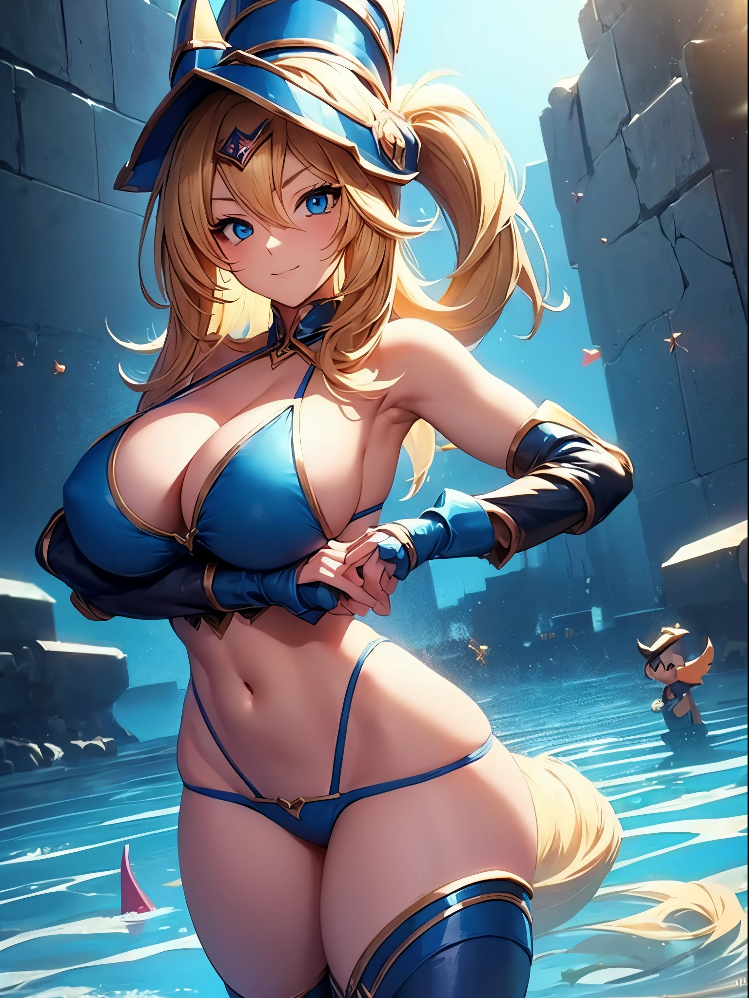 1girl, long blonde hair, blue eyes, blue headwear, wizard hat, ((black bikini, standing, crossed arms, thighs, thighs focus, smug, in a pool, wet body)), curvy figure, overlooking city, blush, day 

BREAK 

(((Masterpiece))), ((Highly detailed character)), ((perfect eyes)), ((perfect face)), ((best quality)), ((perfect hands)), high resolution, highly detailed image, thick thighs 

BREAK 

Beautiful background, volumetric lighting,