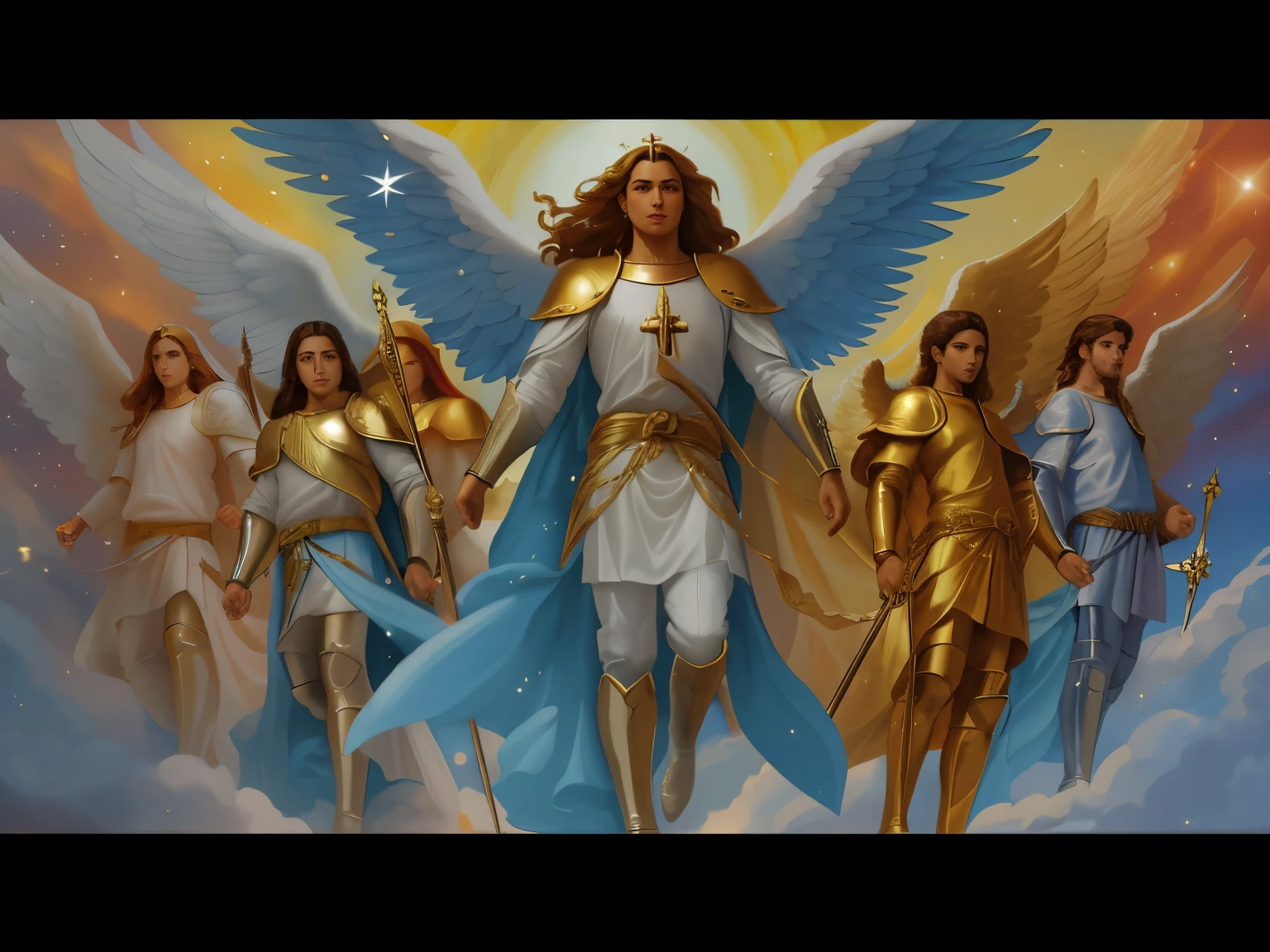 uma pintura de um grupo de anjos com asas voando acima deles, gold gates of heaven!!!!!!!!, Arcanjo Miguel, cheio de pinturas de anjos, some cosmic angels, angels protecting a praying man, Anjos, anjos biblicamente precisos, angels in the sky, saint michael the angel, arcanjo, biblical accurate angel, para compreender o inferno ou ir angelical, angels vs demons