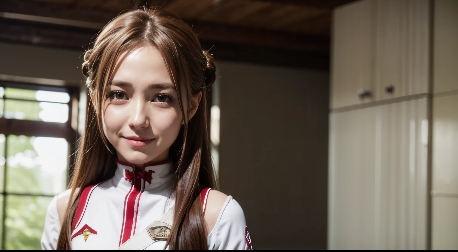 best quality, masterpiece, portrait, 1girl, yuuki asuna, brown hair, brown eyes, medium breasts, long hair, braid, kotbo, white gloves, white uniform, white boots, red skirt, red straps, looking at viewer, indoors, smile,