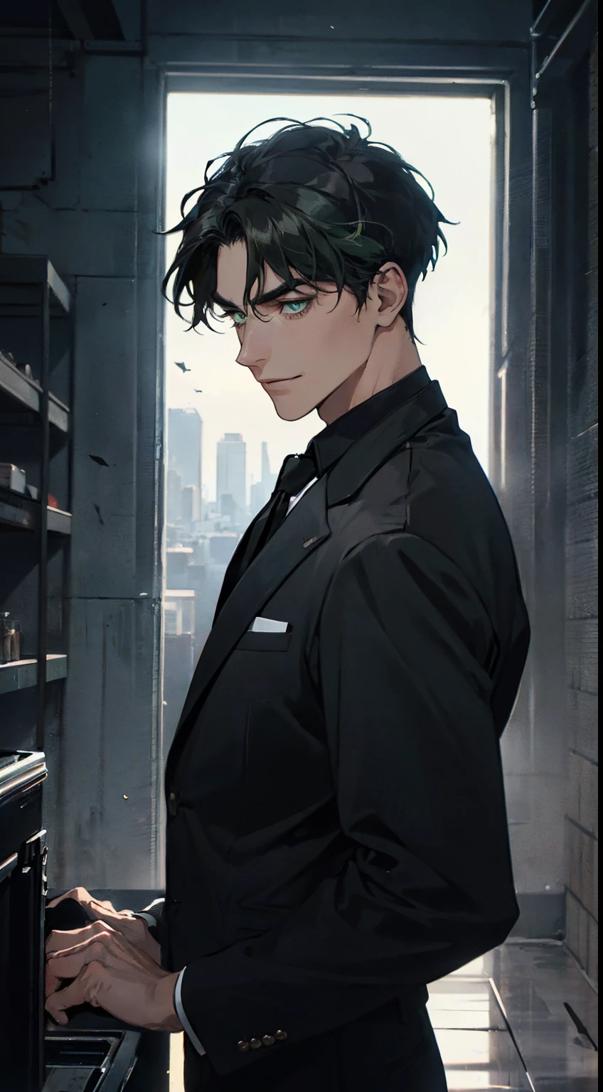 ((One man with a black suit and tie)), gotham, 1980s, alejandro, (((side swept black short hair))), (dark green eyes and thick eyebrows), smirk, ((20 years old)), ((masterpiece)), posture dynamic, in the dark, cinematic lighting