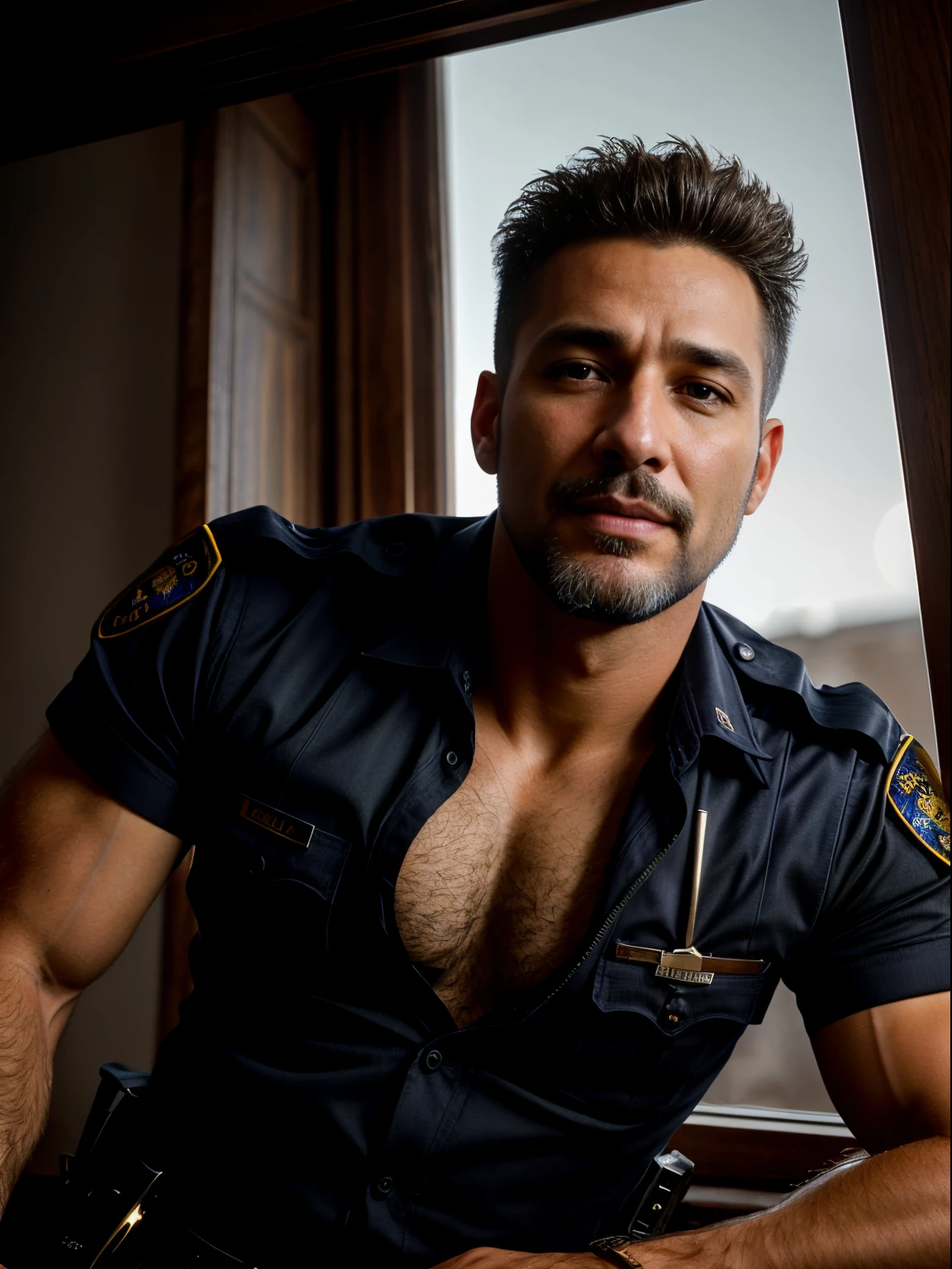 masterpiece, best quality, high resolution, closeup portrait, male focus, 2 policemen hugging, 2 cops romantic hug from behind, gay, two men, two man touching, detailed face, 40 years old man, in unbuttoned police uniform, cops, police, policeman, blonde bleached hair, messy hairstyle, cute and seductive face, bare chest, body hair, facial hair, roman nose, very skinny body, hairy legs, dimples, goatee, beard, bold jawline , in the background a dark room,  soft light, view from below, amazing composition, front view, HDR, ultra quality, elegant, highly detailed