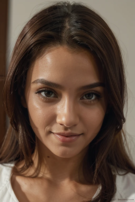 Fotografia de uma mulher muito bonita, com longos cabelos ondulados, pele castanha clara, olhos castanhos, corpo inteiro, vestindo uma jaqueta de couro, face centrada, sorriso suave, Rosto detalhado, efeito cinema, Fundo da imagem barzinho, editado no Adobe Premiere, 8k. as realistic as possible