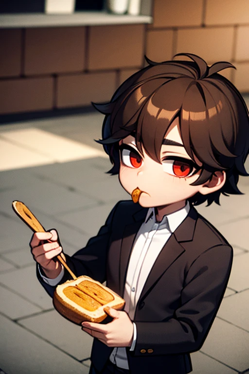 A brown haired male man with red eyes is eating a piece of toast in a suit