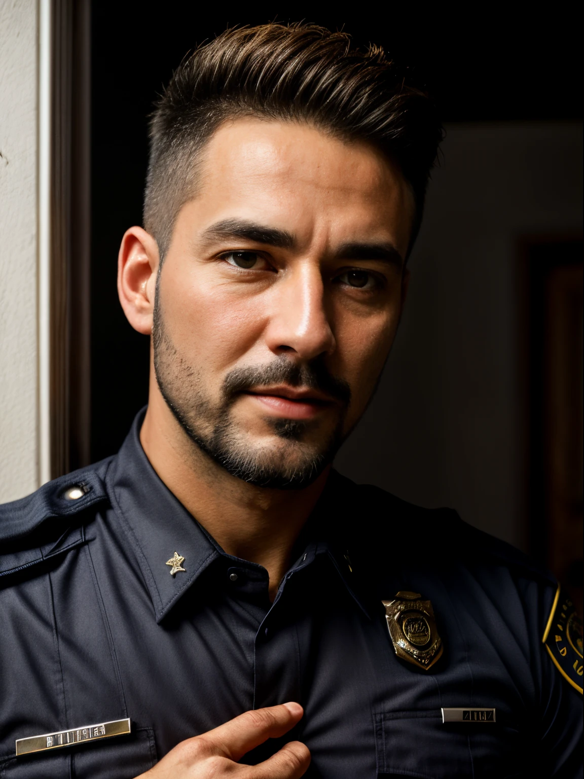 masterpiece, best quality, high resolution, closeup portrait, male focus, 2 policemen hugging, 2 cops romantic hug from behind, gay, two men, two man touching, detailed face, 40 years old man, in unbuttoned police uniform, cops, police, policeman, blonde bleached hair, messy hairstyle, cute and seductive face, bare chest, body hair, facial hair, roman nose, very skinny body, hairy legs, dimples, goatee, beard, bold jawline , in the background a dark room, soft light, amazing composition, front view, HDR, ultra quality, elegant, highly detailed