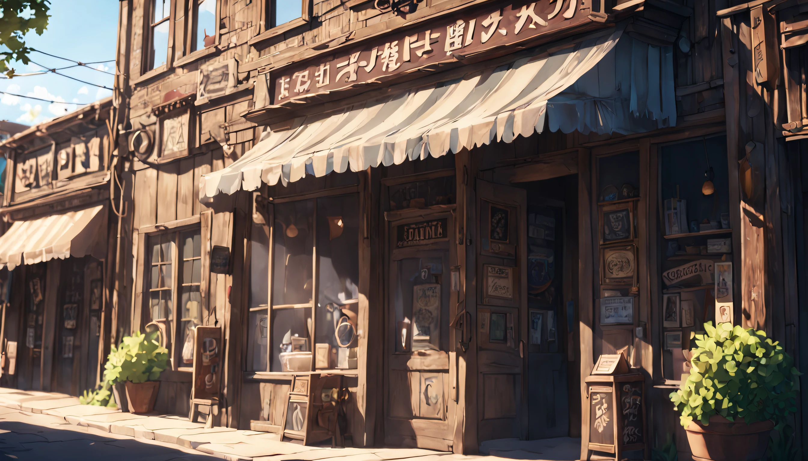 a cinematic still from an anime movie, quaint exterior of an antique shop, its weathered sign swinging gently in the wind, sunny afternoon high res, Sony fe 24-70mm f/2.8 gm, 32k UHD, moody lighting, muted cinematic color grading --ar 16:9