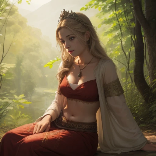 Garota das selvas, loura de longos e ondulados cabelos, olhos selvagens, middlebreasts, cintura delgada, on top of a tree(estiilo Sheena a rainha da selva)