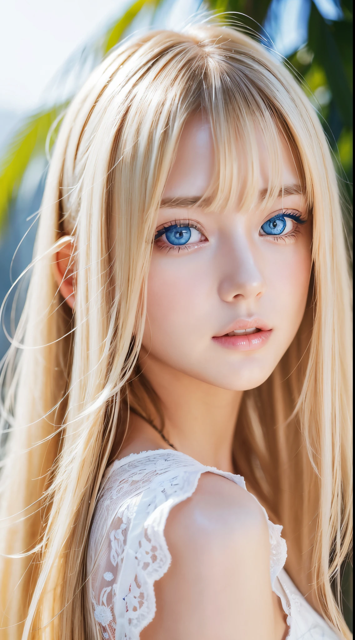 (Close-up:1.4)、(RAW shooting:1.2)、(Photorealistic:1.4)、(masterpiece:1.3)、(highest quality:1.4)、Bright expression、very beautiful blonde girl、Extraordinary blonde beauty、Detailed cute and beautiful face、Beautiful bangs above the eyes、Shiny white glossy skin、Facial hair、Bangs that reach the face、Bangs between the eyes、Super long blonde hair、Attractive bright natural platinum blonde super long straight silky hair、Thin Hair、Attractive shining beautiful bright clear light blue big eyes、White Apron、Yellow dress、eyeliner、Double eyelids、Ample Bust、Upper body、