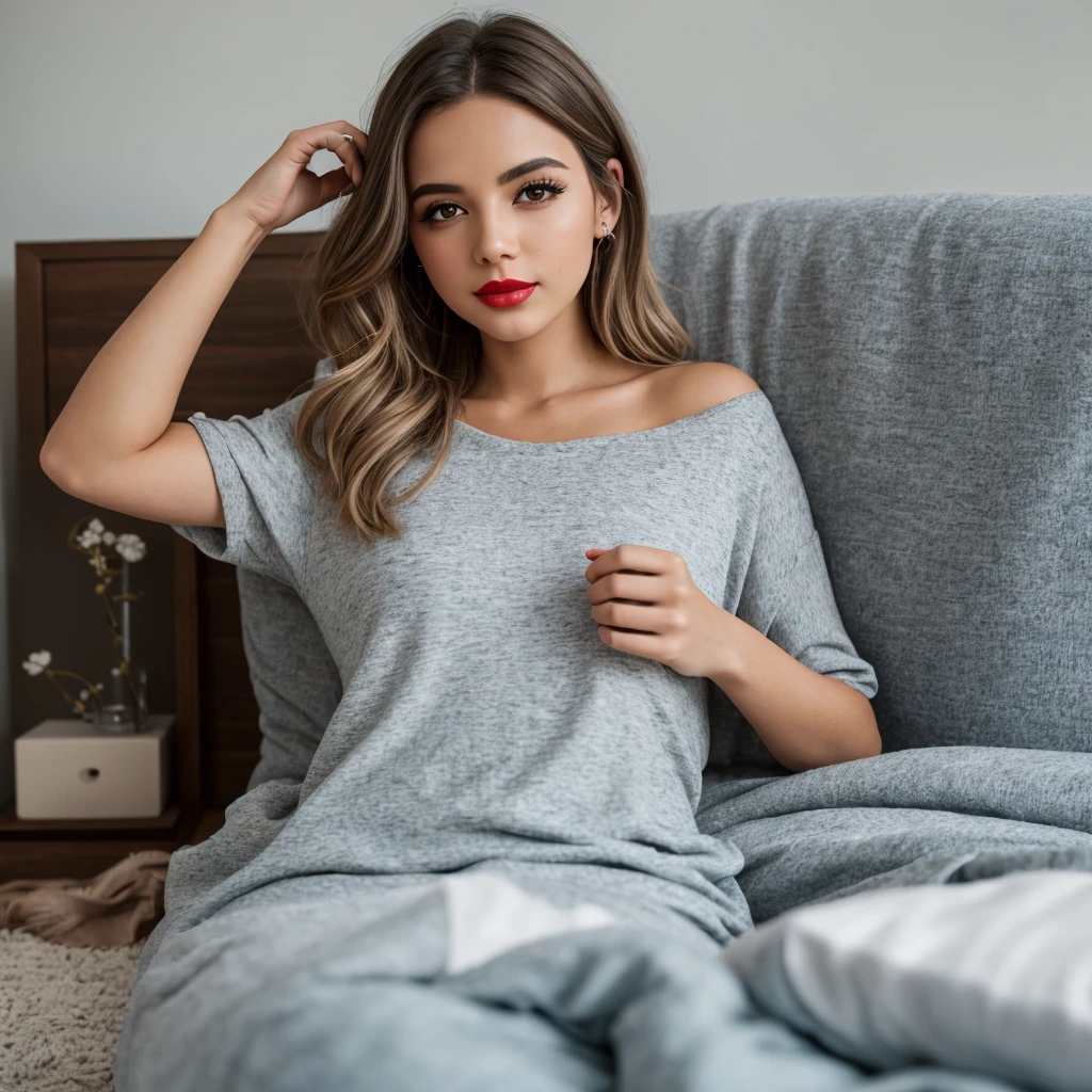 8k photography of a woman, Uma mulher jovem e bonita, blonde hair that falls gently in waves up to the shoulders, altura mediana, olhos grandes e verdes, pele clara, she's in her pyjamas, ela esta em sua cama, fazendo cuidados com a pela antes de dormir, The environment is illuminated with lights of warm and pleasant colors making your hair shine, seu semblante esta naturalmente sereno, lips with red lipstick, Textura 8K, altamente detalhados, realista, soft Cinematic Light, HDR, sharp fokus, obra-prima, fotorrealista, fotografia premiada, Canon EOS R5, 35 mm