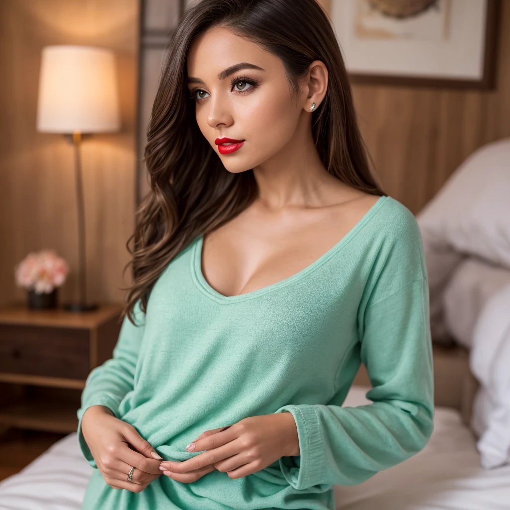 8k photography of a woman, Uma mulher jovem e bonita, blonde hair that falls gently in waves up to the shoulders, altura mediana, olhos grandes e verdes, pele clara, she's in her pyjamas, ela esta em sua cama, fazendo cuidados com a pela antes de dormir, The environment is illuminated with lights of warm and pleasant colors making your hair shine, seu semblante esta naturalmente sereno, lips with red lipstick, Textura 8K, altamente detalhados, realista, soft Cinematic Light, HDR, sharp fokus, obra-prima, fotorrealista, fotografia premiada, Canon EOS R5, 35 mm