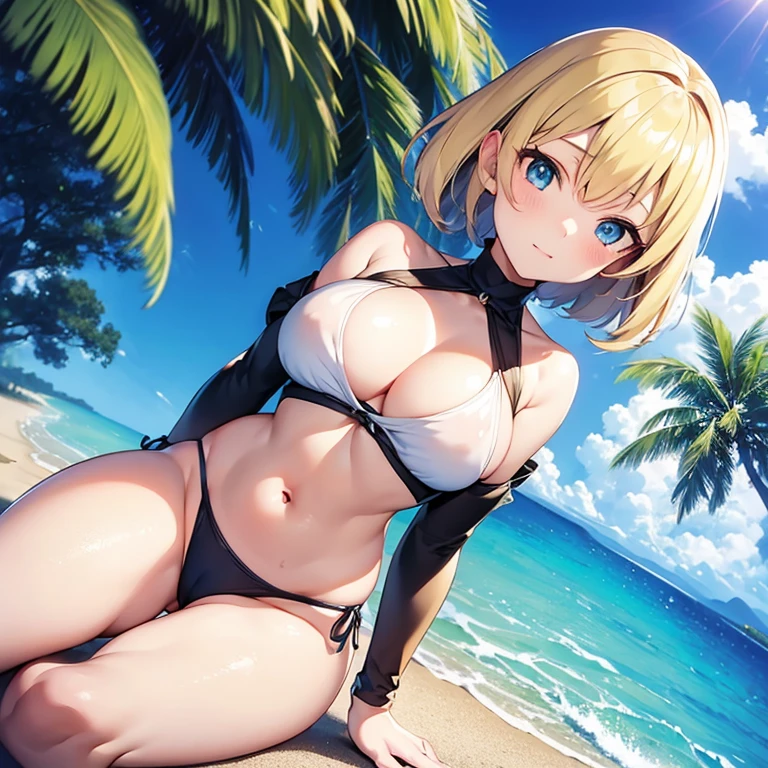 2D Anime Style、Blue eyes、Adults、Breasts slightly larger、a cool、short blonde hair is dirty、Beautuful Women、Take off your swimsuit、full body Esbian、Beach、There is only one person in the illustration