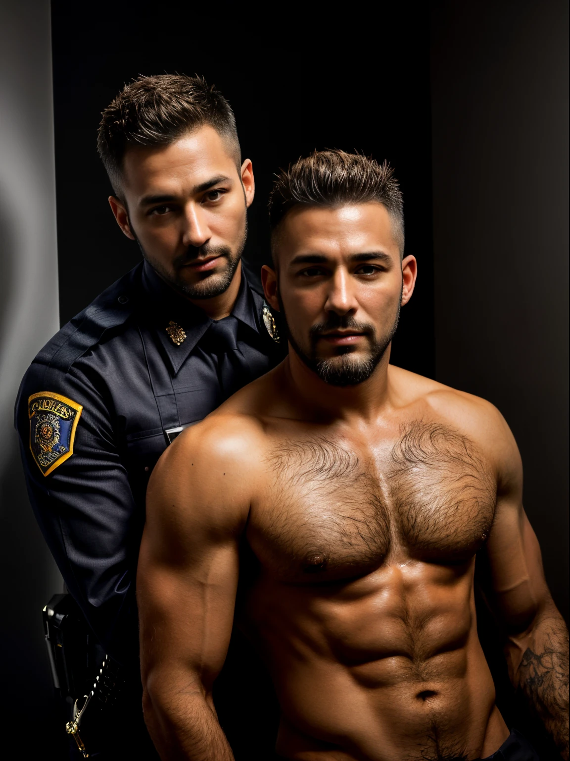 masterpiece, best quality, high resolution, closeup portrait, male focus, 2 policemen hugging, 2 cops romantic hug from behind, gay, two men, two man touching, detailed face, 40 years old men, one guys standing another is kneeling in front of him, in unbuttoned police uniform, two men in office, cops, police, policeman, blonde bleached hair, messy hairstyle, cute and seductive face, bare chest, body hair, facial hair, roman nose, very skinny body, hairy legs, dimples, goatee, beard, bold jawline , in the background a dark room, soft light, amazing composition, front view, HDR, ultra quality, elegant, highly detailed