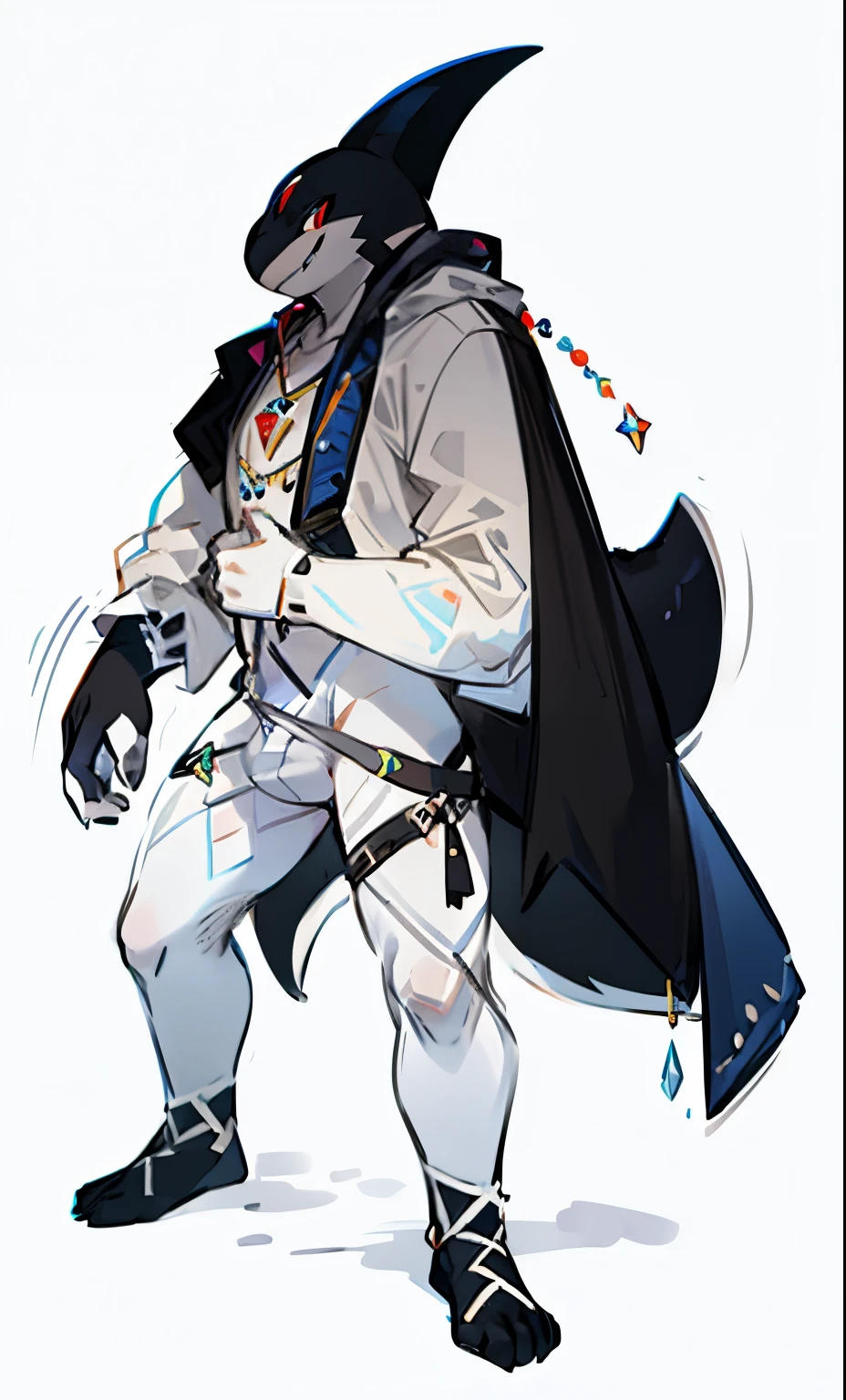 Orca masculina, soltero, ojos blancos profundos que presentan varios anillos que rodean sus pupilas rojas. A veces puede parecer extremadamente amenazante, muy detallado, anime digital, 4K, Gang Orca consiste en un traje blanco con cuello alto. The necklace reaches to the chin and is decorated with diamond shapes that look like teeth. Esto va con una corbata rosa.
