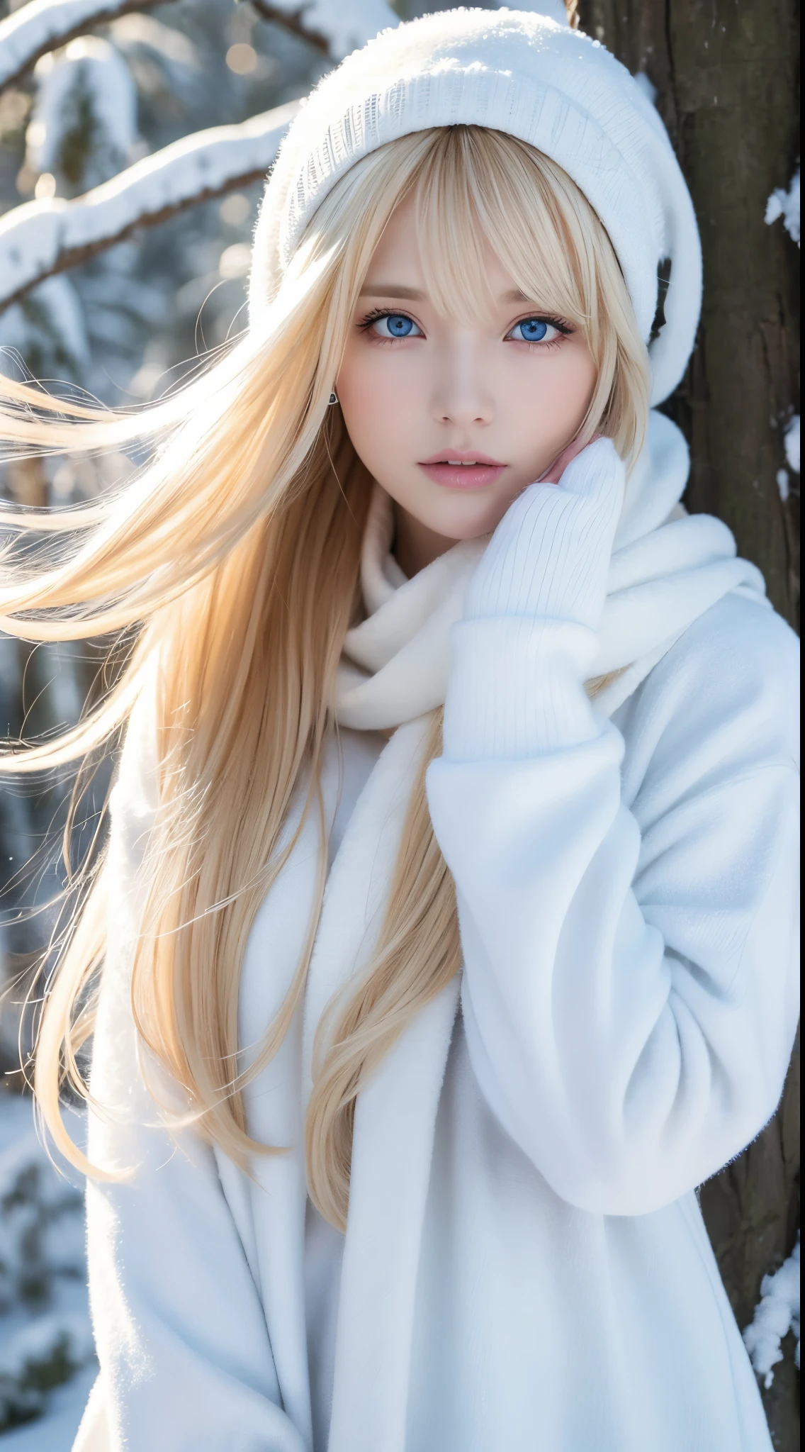 Solo, very beautiful nordic girl、shiny bright blonde hair, Beautiful super long straight dazzling blonde hair fluttering in the strong wind,Long bangs block the view、 Very large eyes are pale sky blue, Detailed face, White beautiful skin、cheek gloss highlight、mittens, White headscarf, Full body, snowy forest, Attractive areas, (nose blush, Heavy breathing:1.1), (broody:1.4)