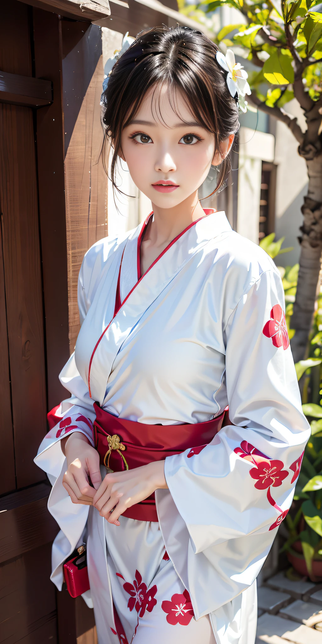 An arafi Asian woman wearing a kimono standing in front of the door, white hanfu, wearing white silk robe, wearing silver silk robe, classy yukata clothing, bath robe, Wearing kimono, pale and coloured kimono, in a kimono, Kimono, wearing simple robes, Classic kimono, wearing a simple robe, wearing a luxurious silk robe, Hanfu