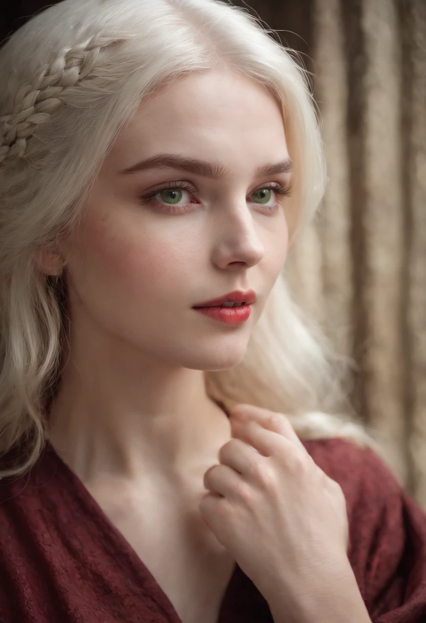 (((a deep reddish wound crosses her left cheek))) fair complexion, woman around 19 years old, naked, full body, natural white hair, distinctive green eyes, wearing nothing,slender and graceful, beautiful, candlelight in a medieval setting, ultra sharp focus, realistic shot, medieval female clothes, tetradic colors (scar:1.4)