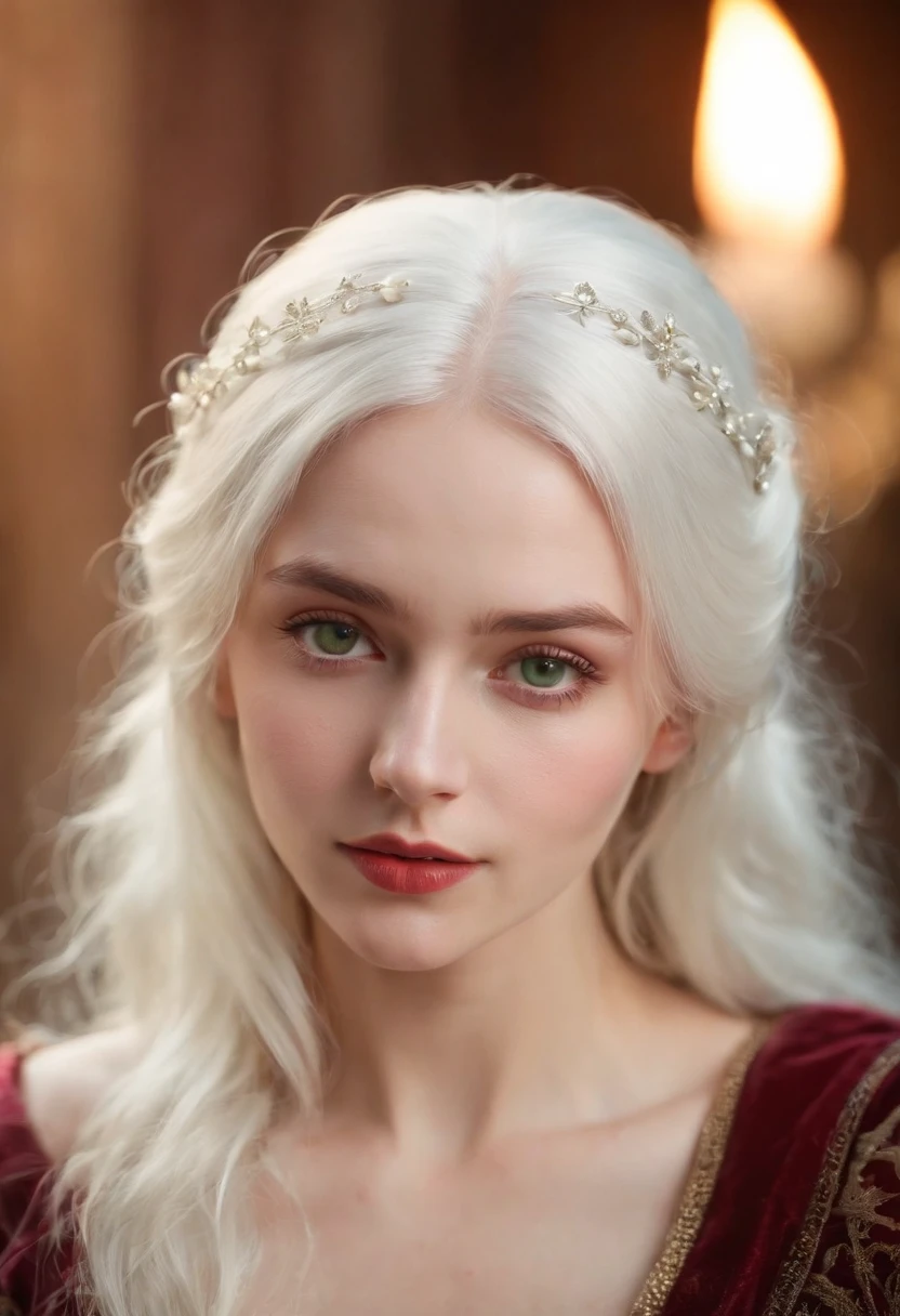 (((a deep reddish wound crosses her left cheek))) fair complexion, woman around 19 years old, natural white hair, distinctive green eyes, wearing kohl, slender and graceful, beautiful, candlelight in a medieval setting, ultra sharp focus, realistic shot, medieval female clothes, tetradic colors (scar:1.4)
