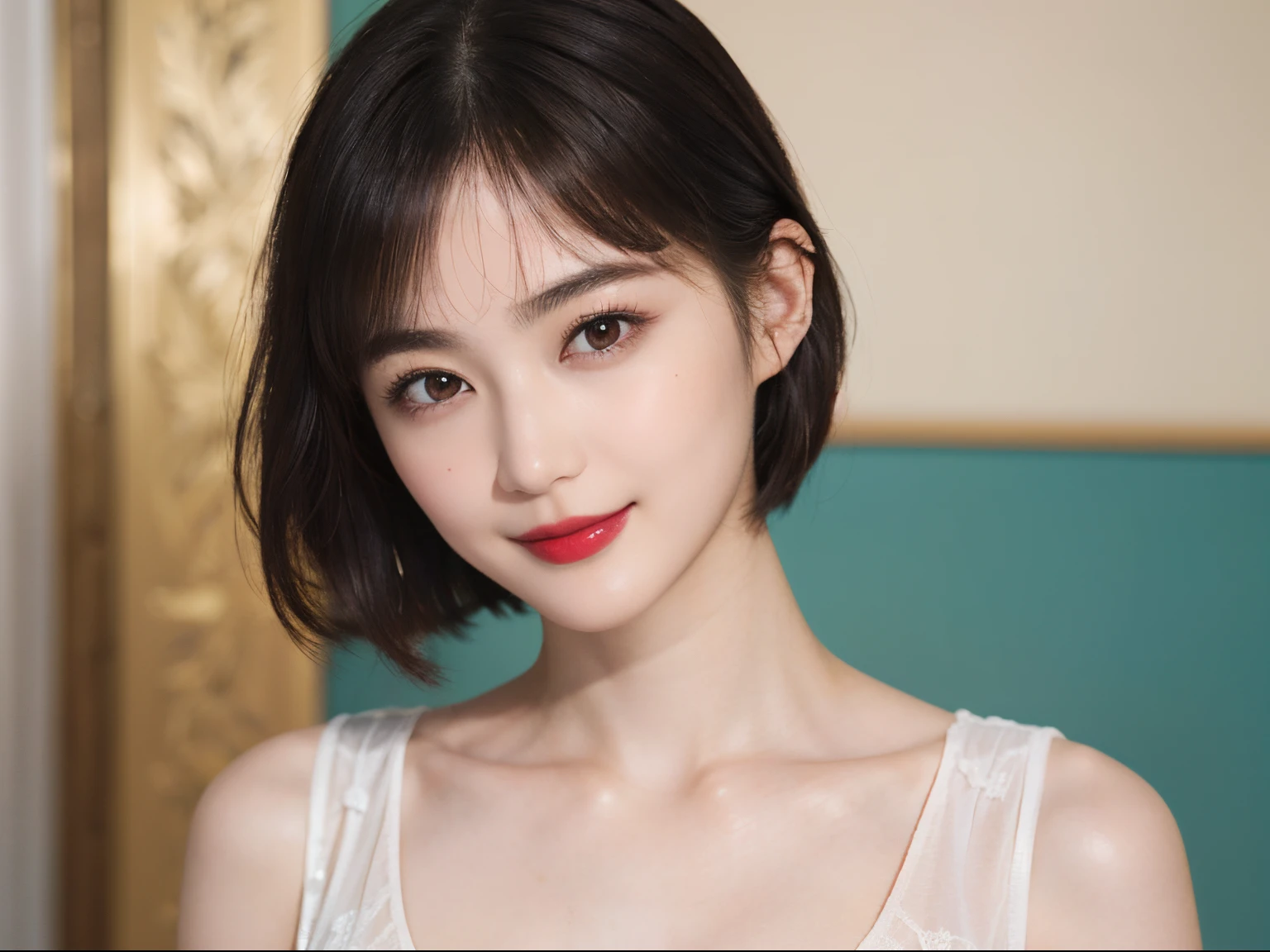 114
(a 20 yo woman,is standing), (A hyper-realistic), (high-level image quality), ((beautiful hairstyle 46)), ((short-hair)), (Gentle smile), (breasted:1.1), (lipsticks)