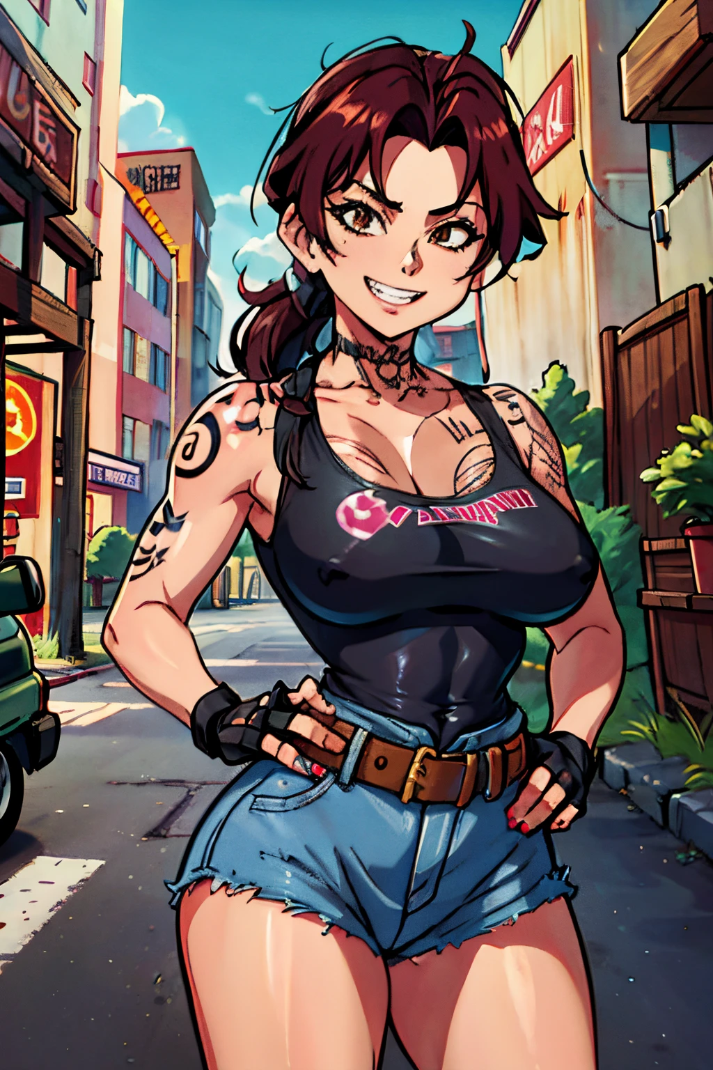 revy, arm tattoo, masterpiece, best quality, absurdres, 1woman, 42-year-old, milf, milf figure, looking at viewer, standing, outdoors, street, hands on hips, teeth, grin, fang, cowboy shot, fingerless gloves, belt