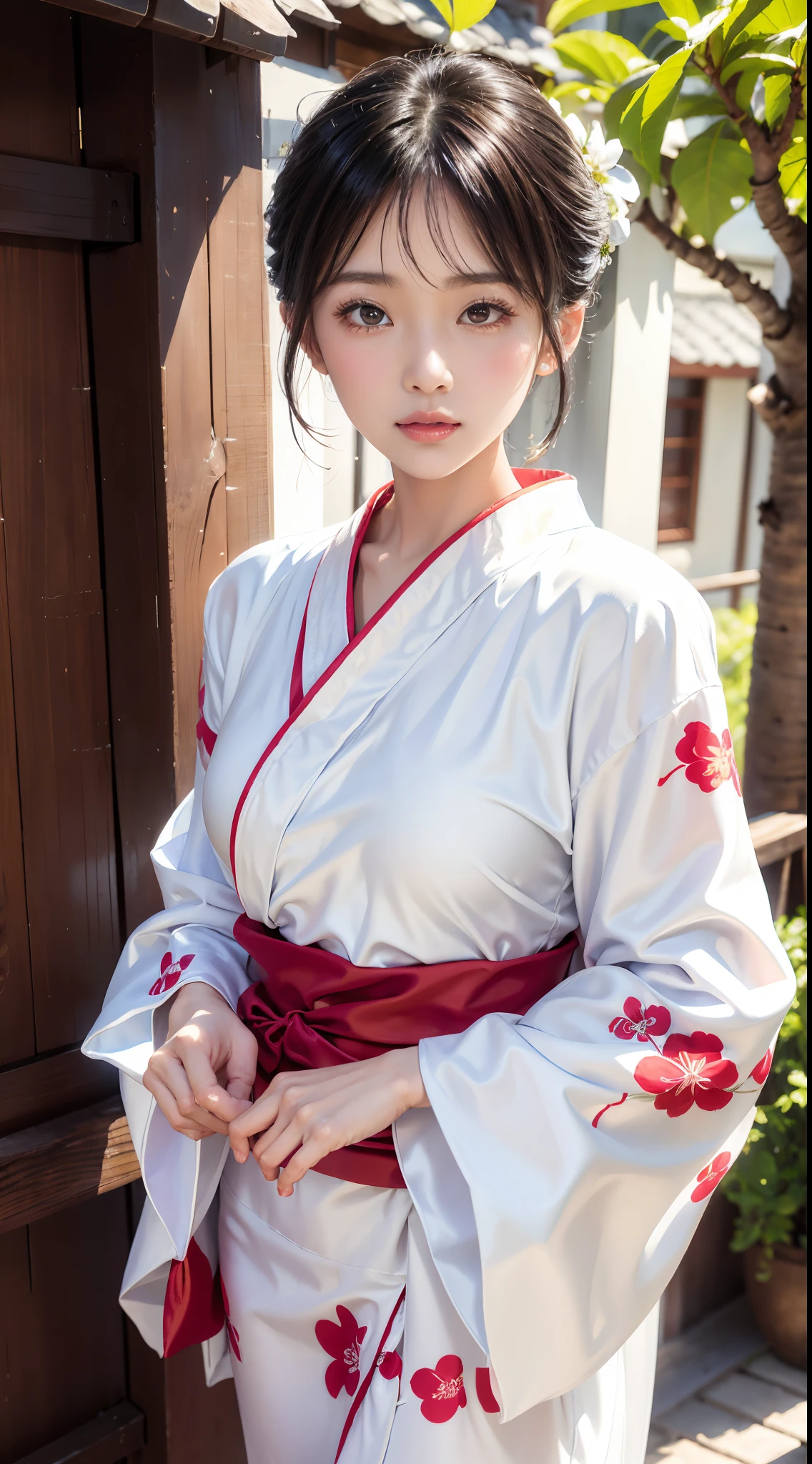 An arafi Asian woman wearing a kimono standing in front of the door, white hanfu, wearing white silk robe, wearing silver silk robe, classy yukata clothing, bath robe, Wearing kimono, pale and coloured kimono, in a kimono, Kimono, wearing simple robes, Classic kimono, wearing a simple robe, wearing a luxurious silk robe, Hanfu