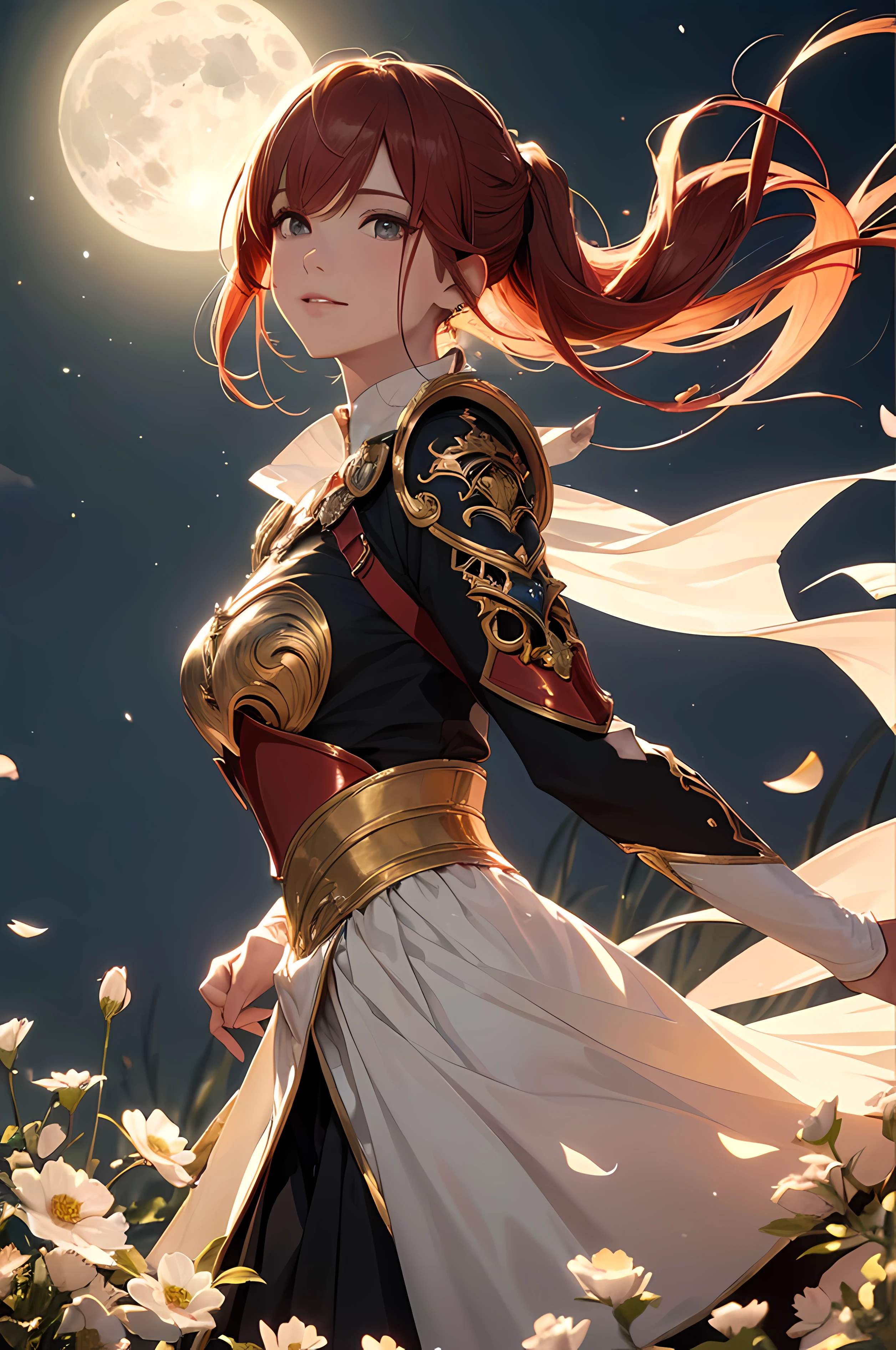 A beautiful woman, ((( red knight, red armor, black blouse, long gold skirt, elegance under the moon))), ((perfect body figure, beautiful face, beautiful face, milf, age 46, royal, red color hair, ponytail hair style, beautiful skin, Extremely details hair, fine details)), (((cinematic lighting, beautiful lighting effect, creative design, full body frame, divine aura, hard harmony , shining moonlight, perfect color transition, perfect balance of contrast, perfect color layer, perfectly smooth color blur, soft rendering, smooth color stroke, moon glare, optic lens, moonlight ray, soft colors, smooth colors blend, perfect color rendering, harmony, perfect color harmony, beautiful color, soft harmony, light particles, perfect details, intricate details, color prism, fine details, refine details))), Tachibana Omina art style, affectionate eyes, half a smile, slightly open mouth, a gentle expression on his face, serene scenery on grassland with full of flowers blooms under the moon, petals, petals floating around, breeze and moonlight in the background, butterflies in the sky, realism, ((Best quality))),8k,((Masterpiece)),(Extremely refined and beautiful)