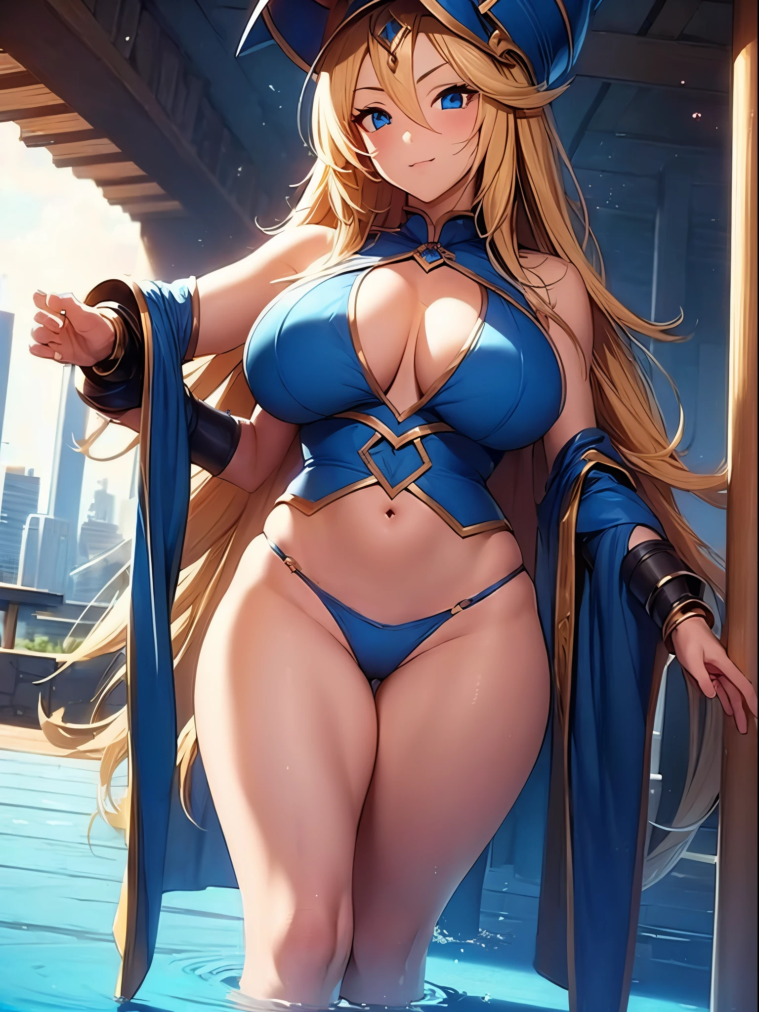 1girl, long blonde hair, blue eyes, blue headwear, wizard hat, ((black bikini, standing, crossed arms, thighs, thighs focus, smug, looking down, in a pool, wet body)), curvy figure, overlooking city, blush, day
BREAK
(((Masterpiece))), ((Highly detailed character)), ((perfect eyes)), ((perfect face)), ((best quality)), ((perfect hands)), high resolution, highly detailed image, thick thighs
BREAK
Beautiful background, volumetric lighting,