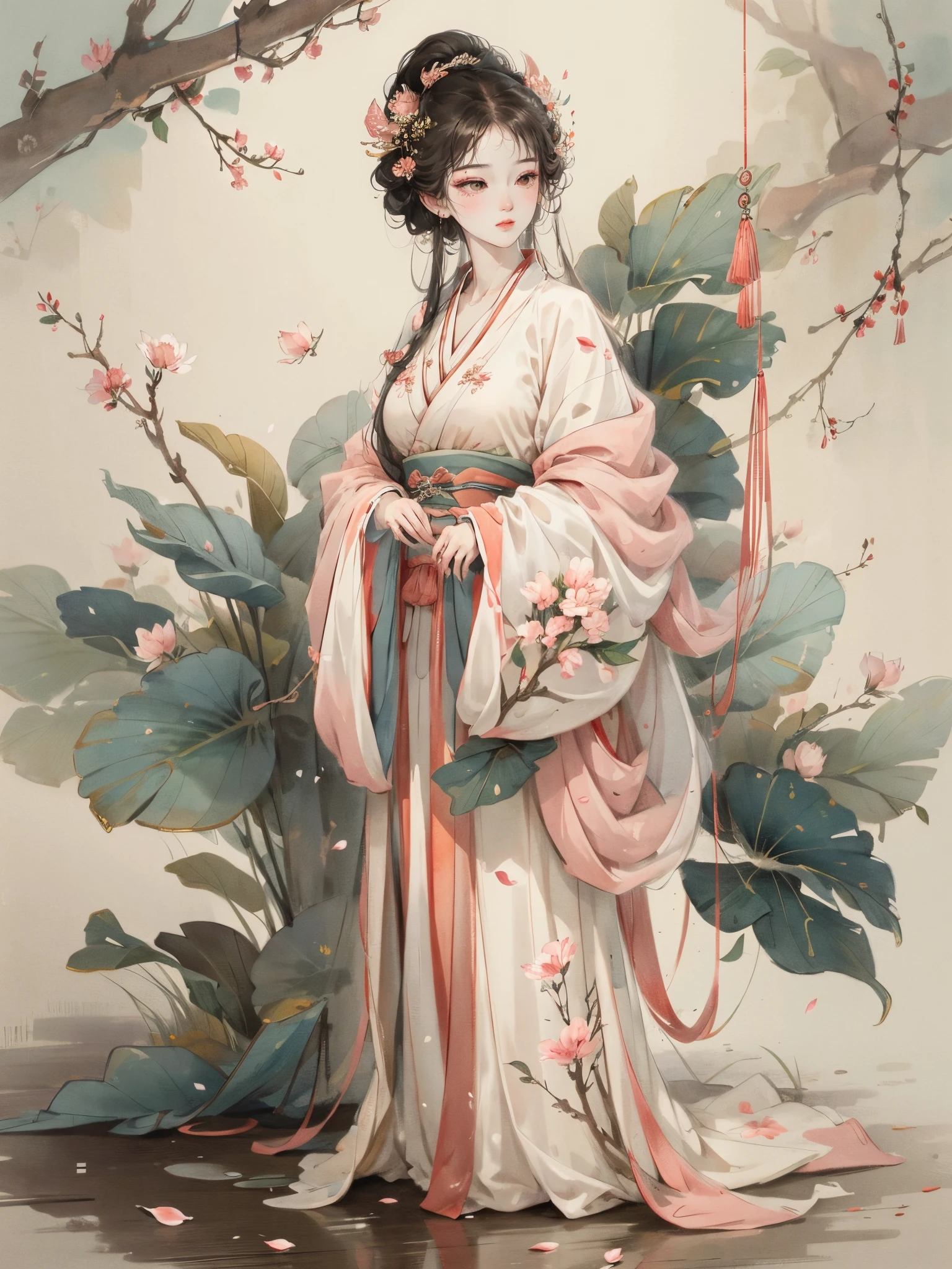 tmasterpiece:1.2,Best quality),(The face is very delicate,Real pictures,Realistic skin,photorealistic body,Complicated details),独奏,TRADITIONAL CHINESE COSTUMES,Song dynasty Hanfu,(aquarelle:1.3),花魁,Full body like,Petals flying,look down to the ground,There are petals on the ground,The masterpiece of peach blossom tree:1.2,Best quality at best),(The face is very delicate,Real pictures,Realistic skin,photorealistic body,Complicated details),独奏,1 busty girl,TRADITIONAL CHINESE COSTUMES,Song dynasty Hanfu,(aquarelle:1.3),花魁,Full body like,Petals flying,look down to the ground,There are petals on the ground,A peach blossom tree