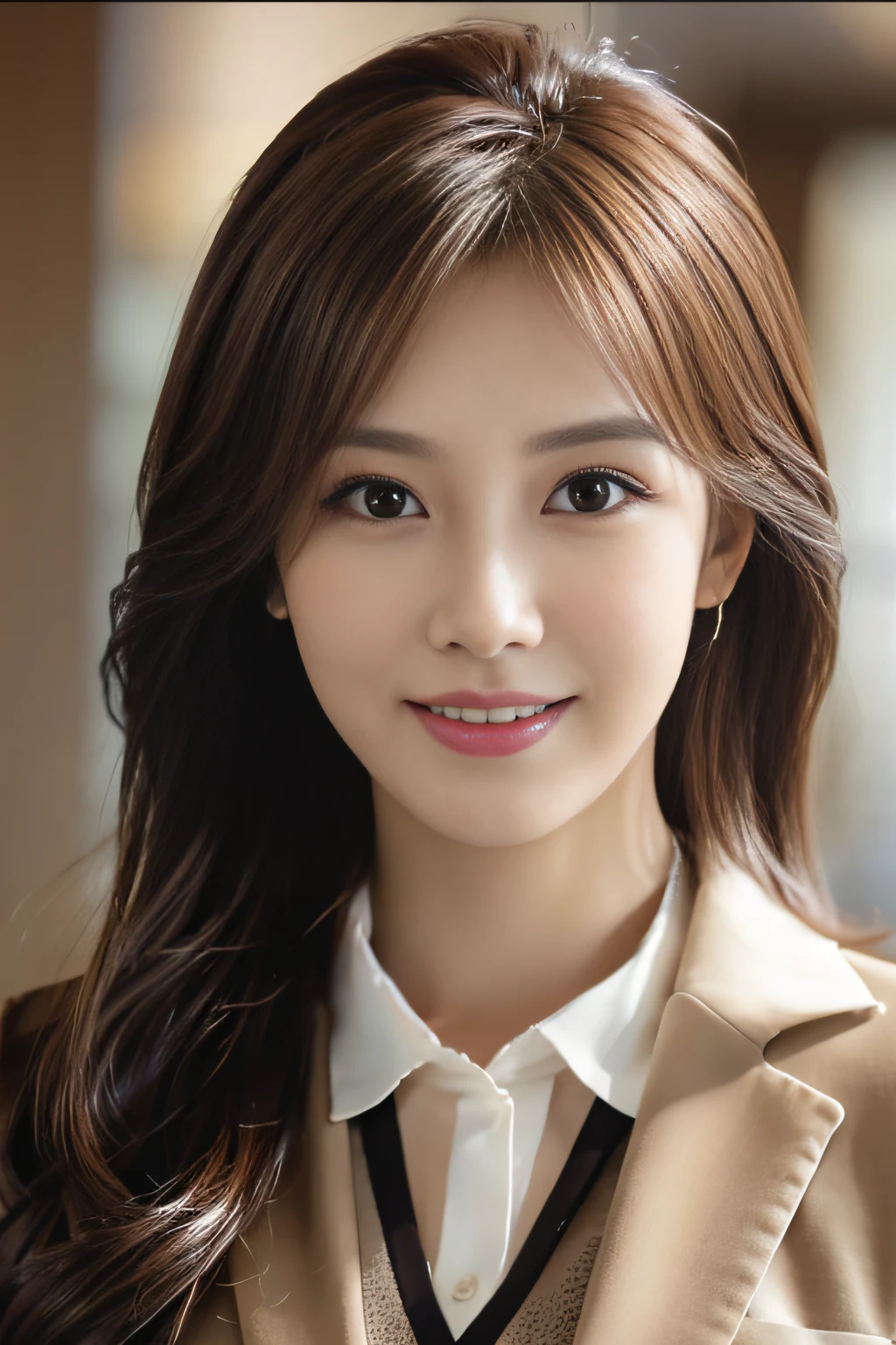 masutepiece, Best Quality, Photorealistic, Ultra-detailed, finely detail, High resolution, 8K Wallpaper, 1 beautiful woman,, light brown messy hair, in a business suit, foco nítido, Perfect dynamic composition, Beautiful detailed eyes, detailed hairs, Detailed realistic skin texture, Smiling, Close-up portrait, Model body type