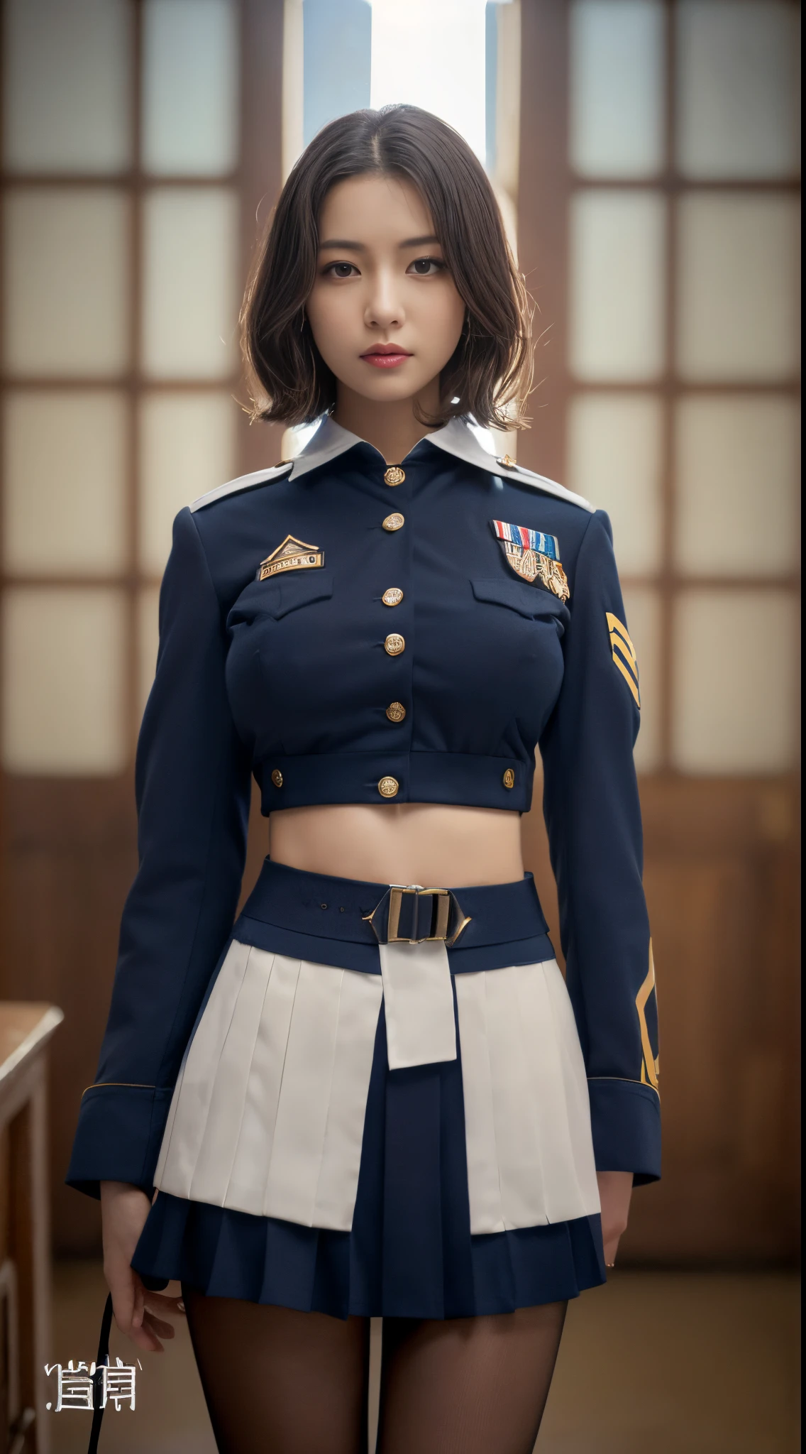 NSFW,((top-quality、8K、​masterpiece:1.3))、Crisp focus:1.2、Beautiful woman with perfect body shape:1.4、(((Small breasts A cup)))、a wet body:1.5、(((Highly detailed facial and skin texture)))、A detailed eye、二重まぶた、BDSM,Slave,A slender、full body Esbian,gargantilha,From below,angry,(((Breasts protruding from the uniform)))、Prime lens 85mm、F-number release、school classrooms、Back lighting、Shortcut hairstyle、