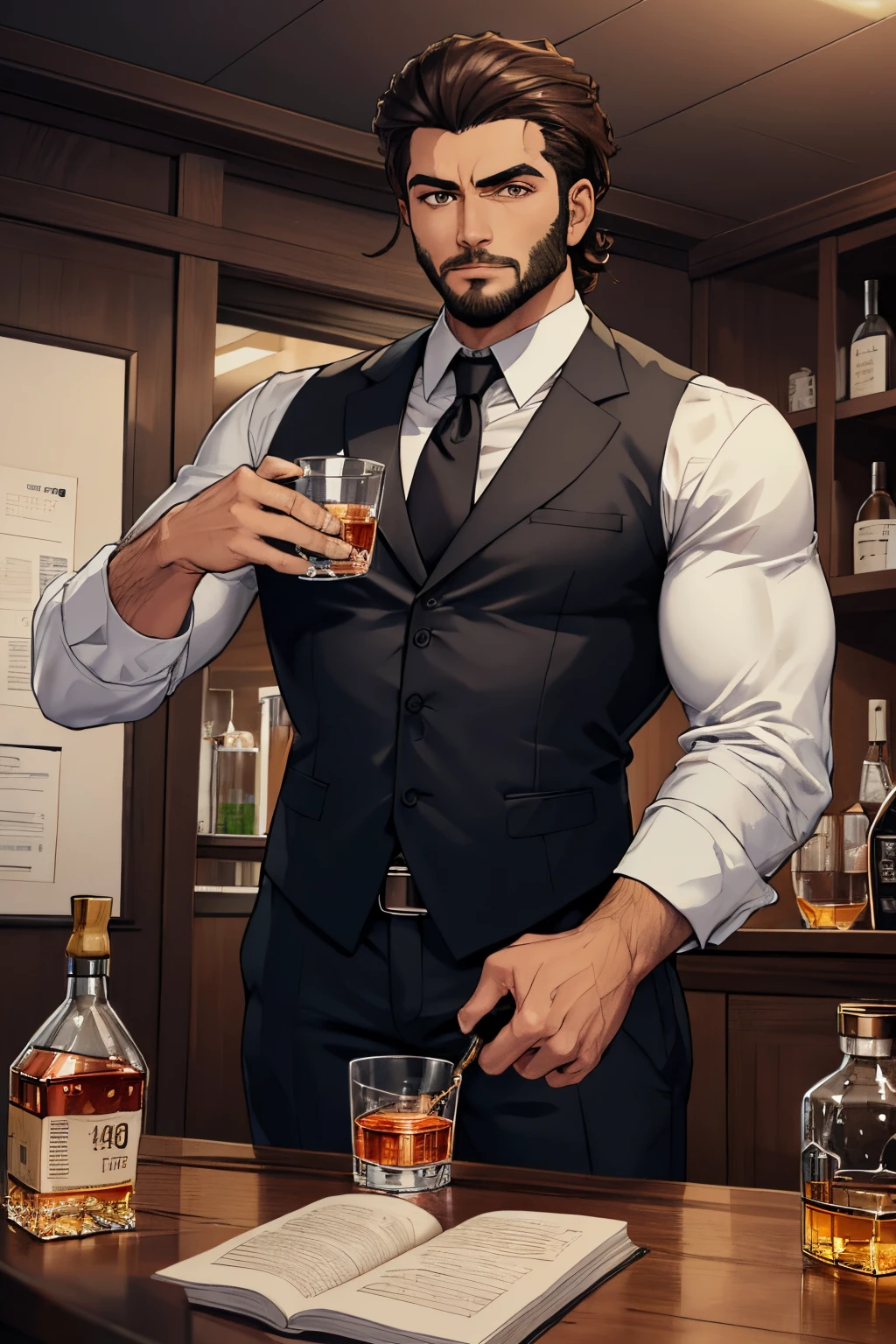 Create a man, working, drinking a glass of whiskey, black hair, white man, his luxury office, man in suit, beard made, gold watch, dark eyes, strong physique, high quality, 4K, 8K