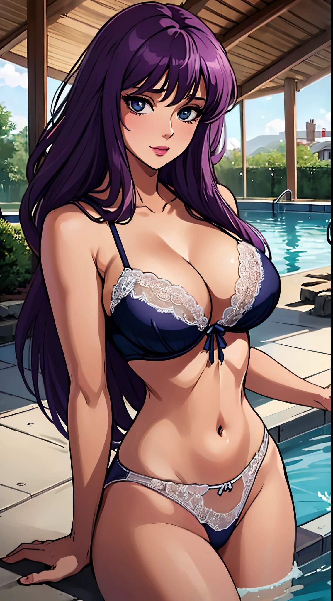 (best quality:1.3), Saori Kido, busty, cleavage, seductive, sexy, Curvy, (pool), (lingerie), ((american plan))