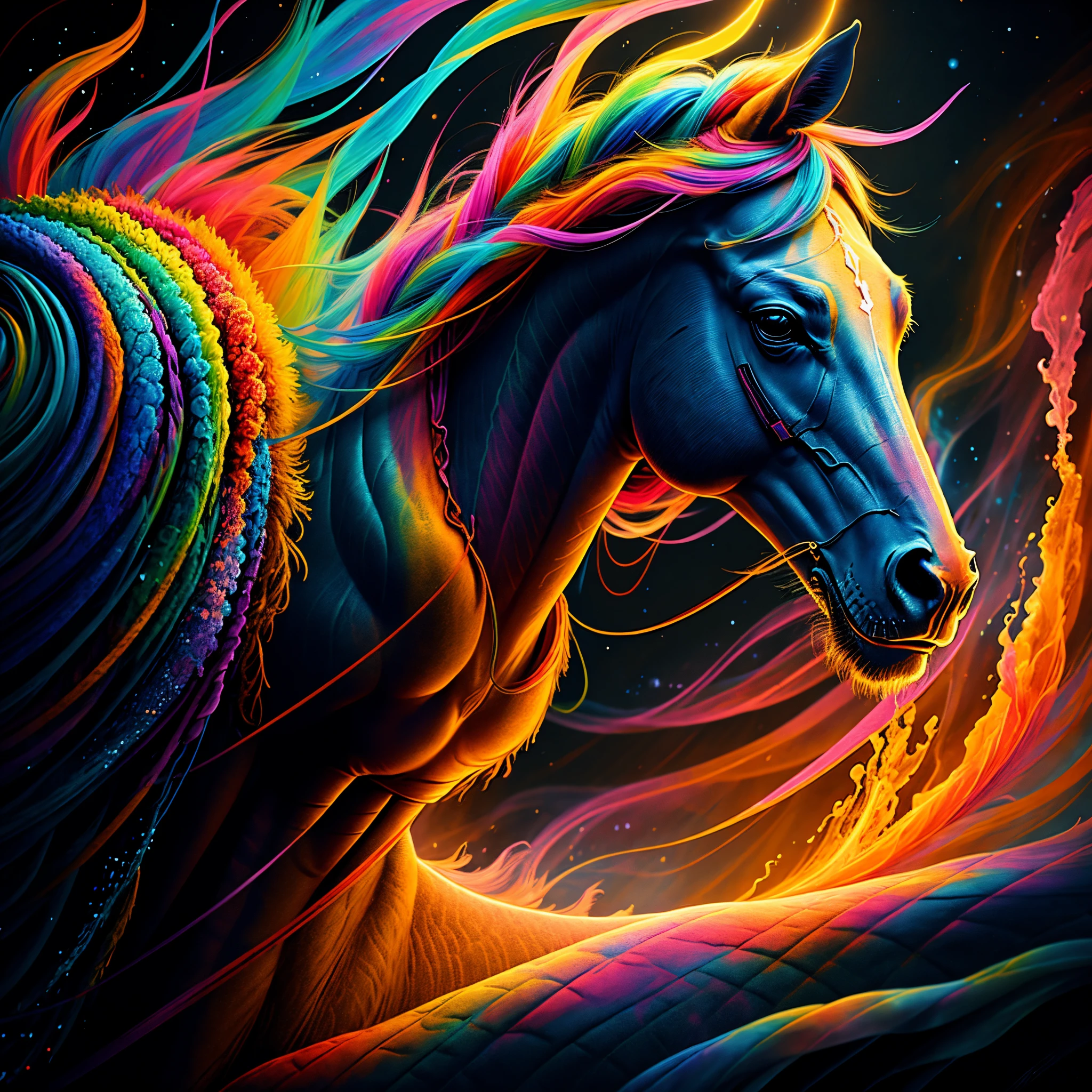 a painting of a colorful horse on a black background, breathtaking rendering, within a radiant connection, inspired by Kinuko Y. Craft,, magical elements, wow, is beautiful, casting a multi colorful spell, bright flash, flash
