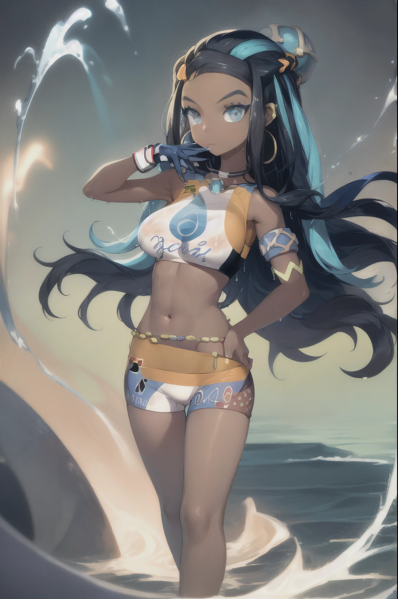 masterpiece, best quality, 1girl, nessa, black hair, blue hair, long hair, multicolored hair, blue eyes, blue hair,dark skin, single hair bun, armlet, belly chain, bikini, crop top, shorts, full body, single glove, hand on hip, hoop earrings, necklace, looking at viewer, midriff, navel, solo, , poke ball, sky, water, wet, sea, legs spread, big boobs, exposed nipple, vibrant colors