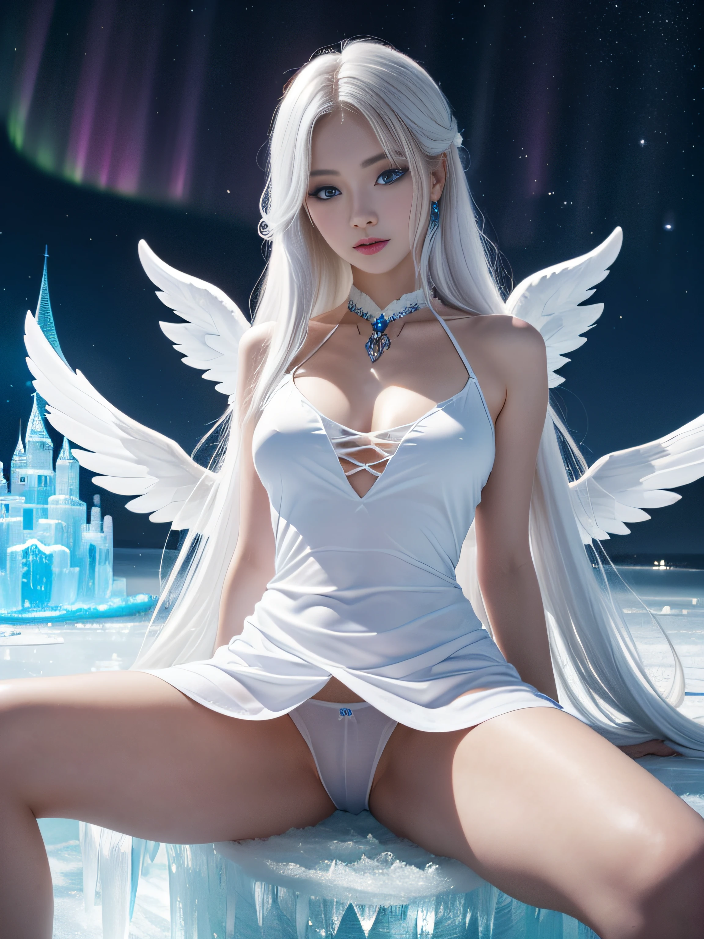 (a beautiful female angel)、(Russian)、(have long white hair:1.2)、(with wings)、(blue eyess:1.2)、(with spreading legs:1.2)、(short dress made of blue ice)、(Showing white panties)、(in the ice castle)、(Night)、(Aurora)、(At SFW:1.1)