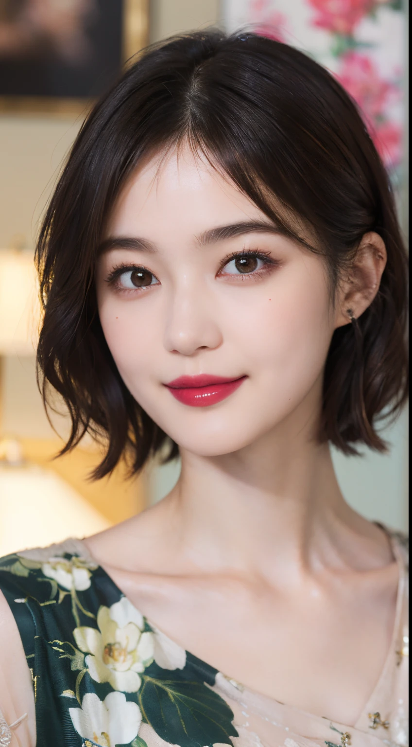 115
(a 20 yo woman,is standing), (A hyper-realistic), (high-level image quality), ((beautiful hairstyle 46)), ((short-hair)), (Gentle smile), (brest:1.1), (lipsticks), (florals)