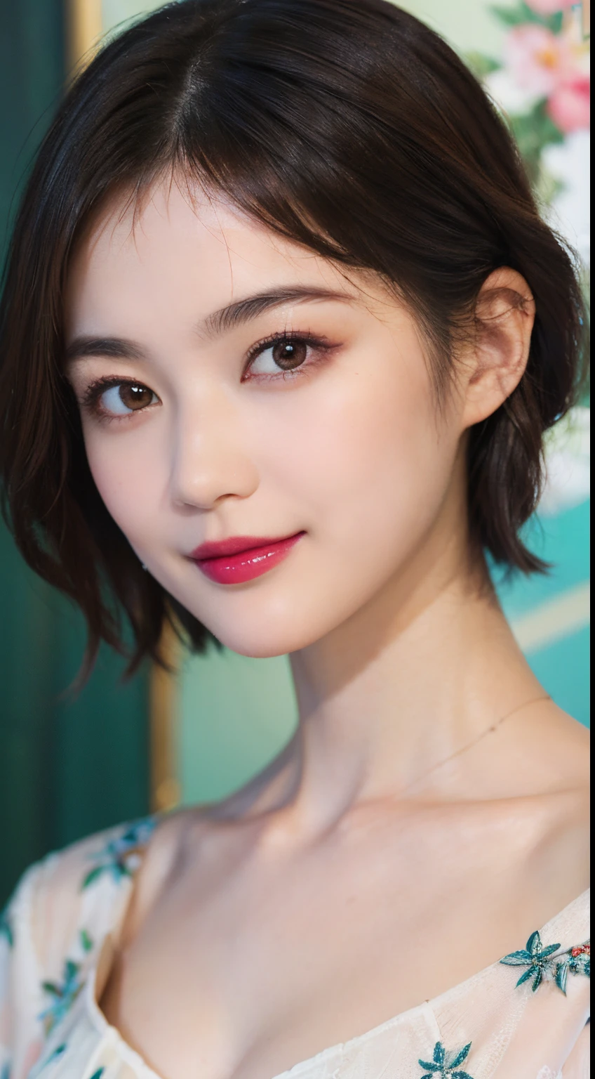 115
(a 20 yo woman,is standing), (A hyper-realistic), (high-level image quality), ((beautiful hairstyle 46)), ((short-hair)), (Gentle smile), (brest:1.1), (lipsticks), (florals)